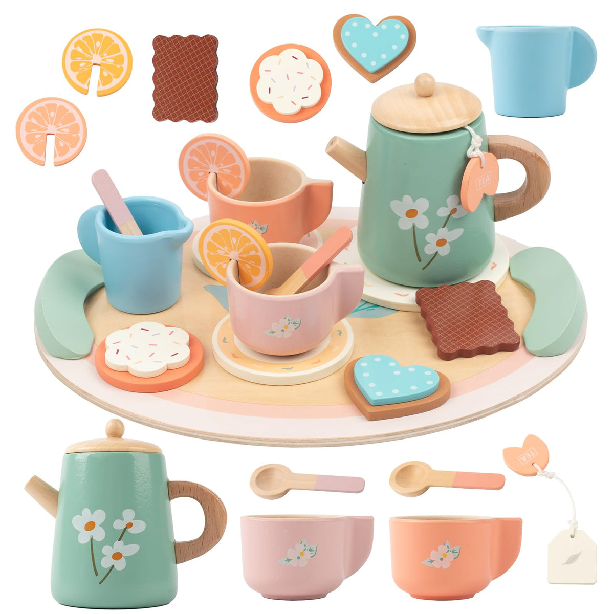 KDSFT Wooden Tea Party Set for Girls — 16-Piece Pretend Play Tea Set with Teapot, Cups & Desserts