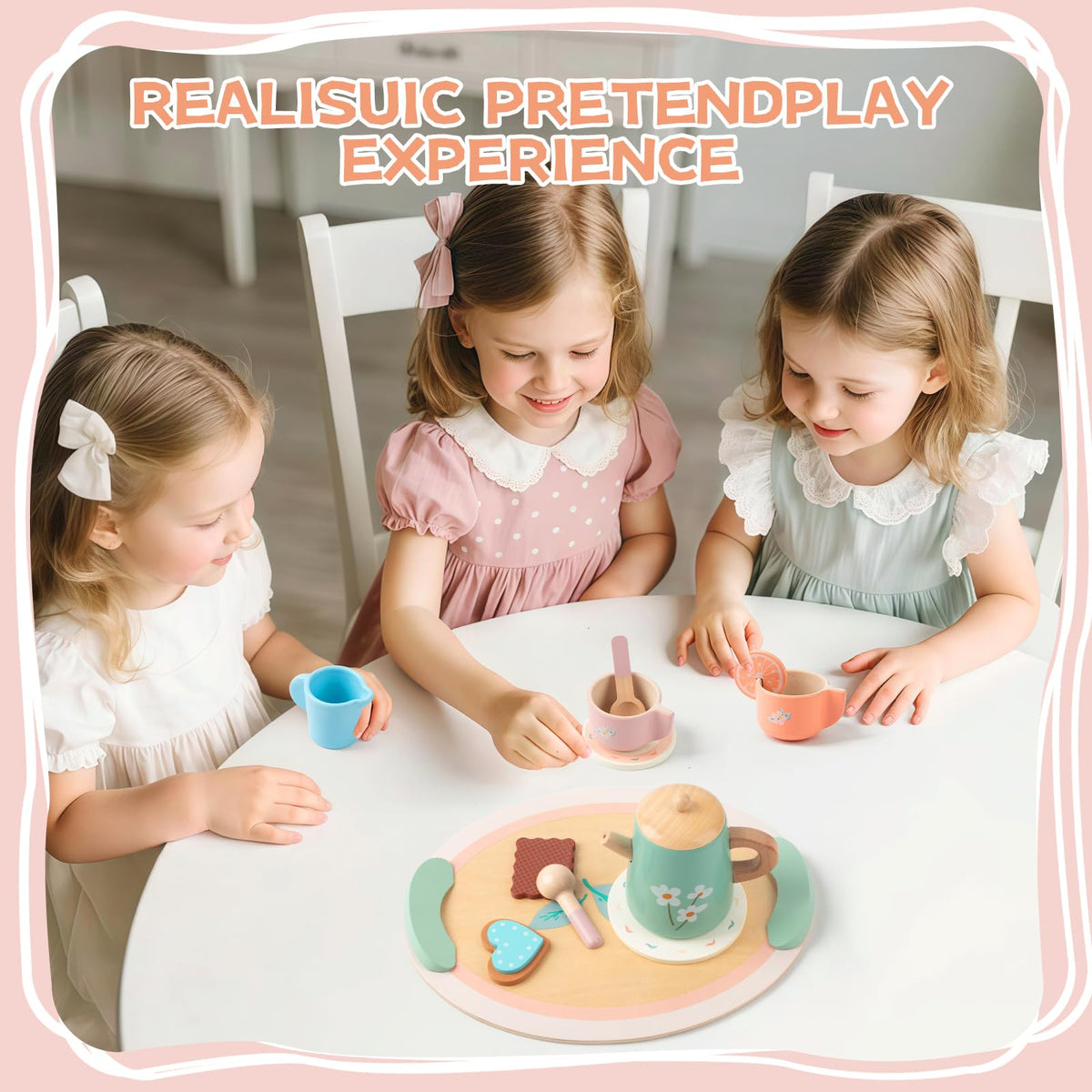 KDSFT Wooden Tea Party Set for Girls — 16-Piece Pretend Play Tea Set with Teapot, Cups & Desserts