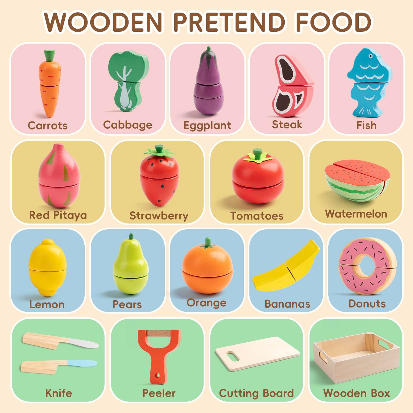 KDSFT Wooden Play Food for Toddlers – 34-Piece Velcro Fruit & Veg Set with Basket