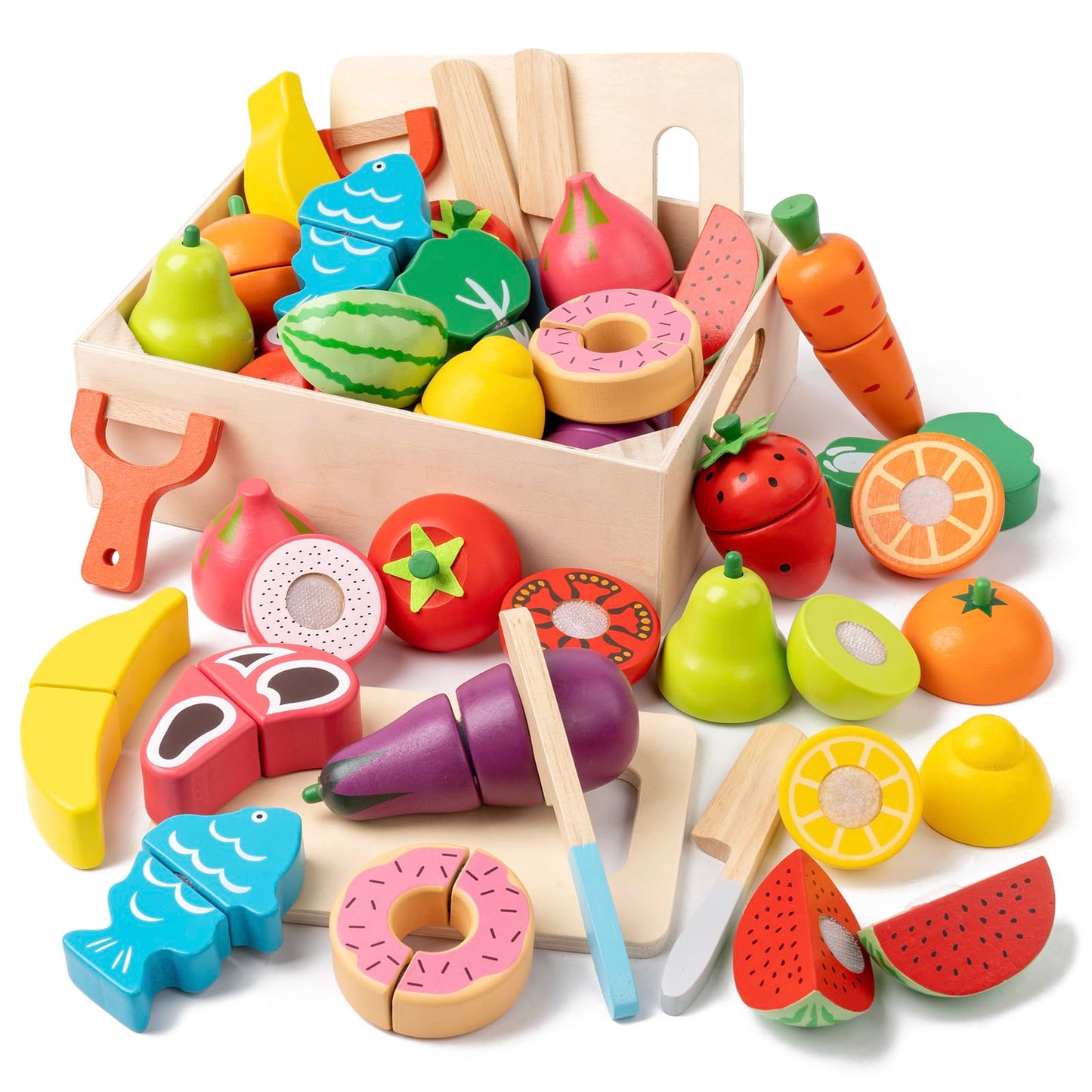 KDSFT Wooden Play Food for Toddlers – 34-Piece Velcro Fruit & Veg Set with Basket