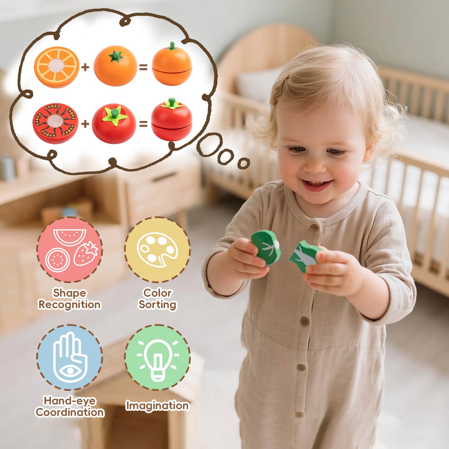 KDSFT Wooden Play Food for Toddlers – 34-Piece Velcro Fruit & Veg Set with Basket