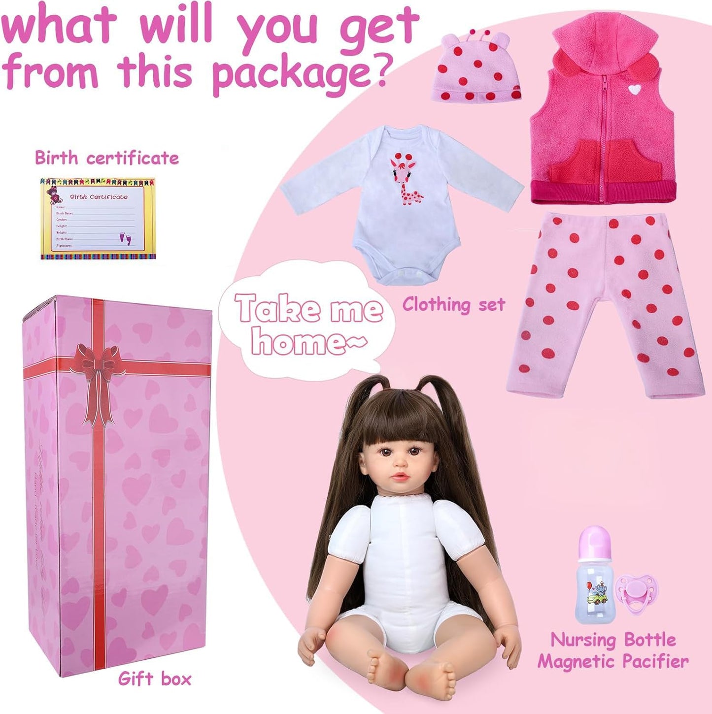 Kdudgso Reborn 24-Inch Realistic Toddler Doll — Long Hair, Gift Box, Pacifier, Birth Certificate