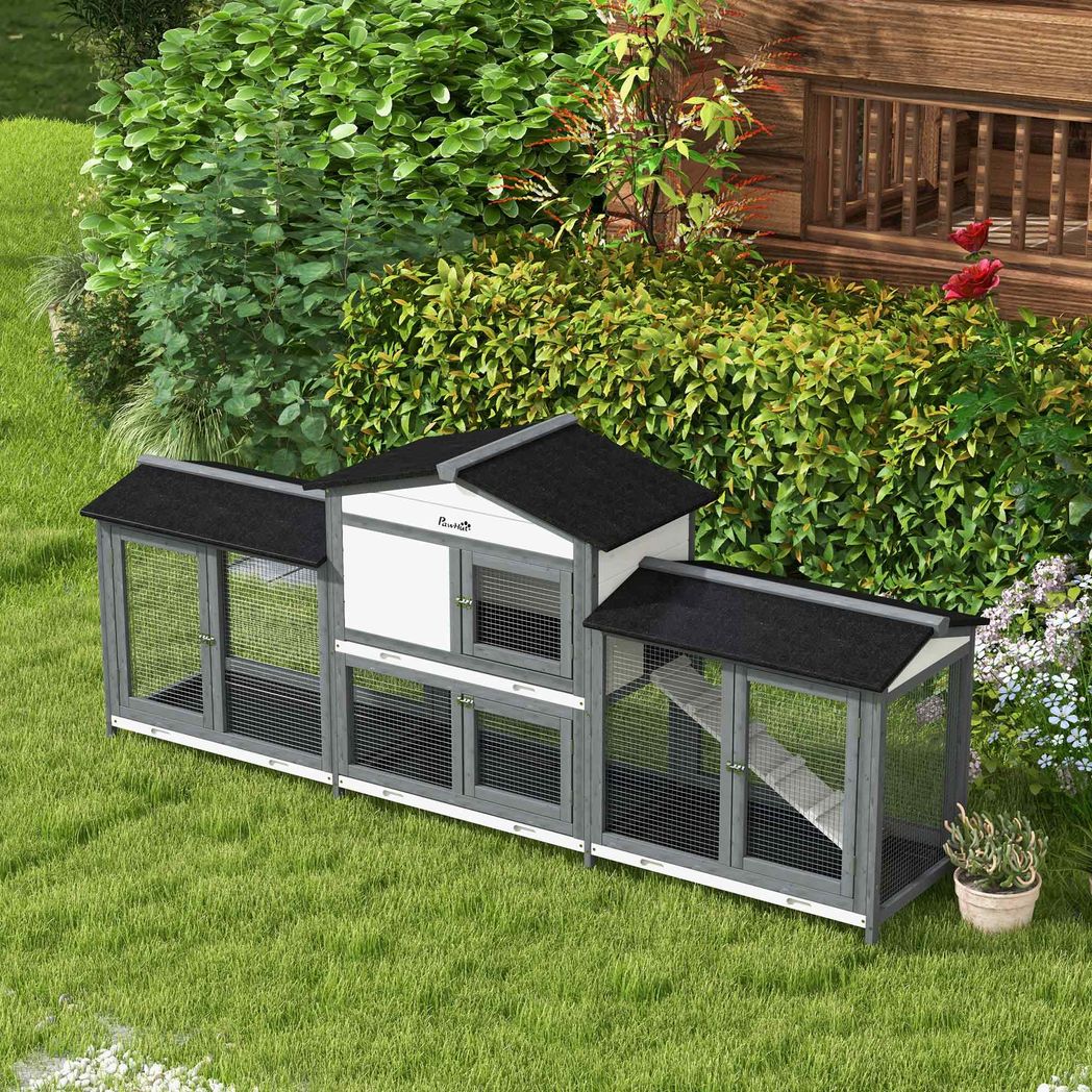 PawHut Rabbit Hutch, 2-Tier Guinea Pig Hutch, w/ Two Runs, Pull-Out Tray