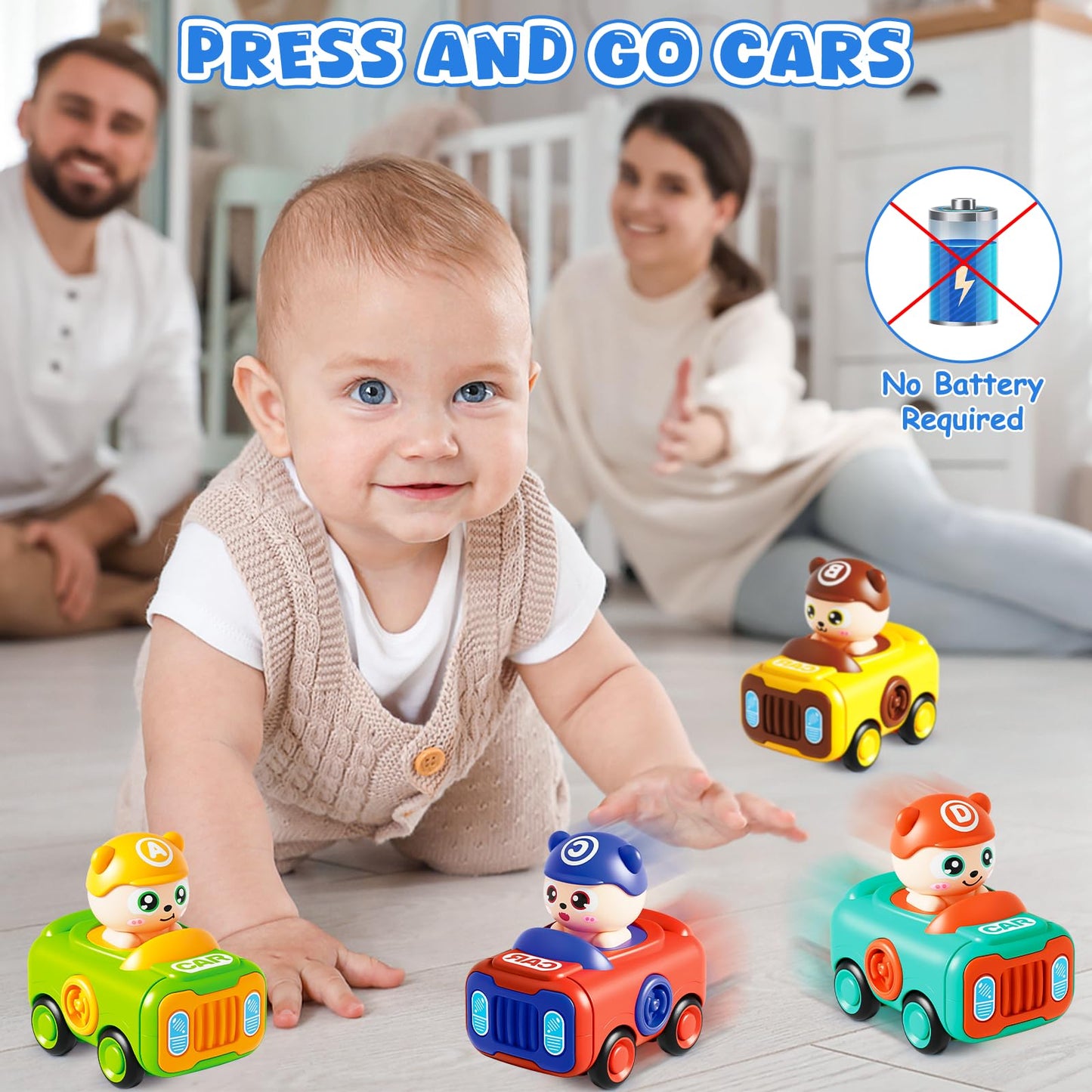 Keamaidy Baby Car Toys - 4-Pack Press to Go Push Cars for Toddlers 12-18 Months