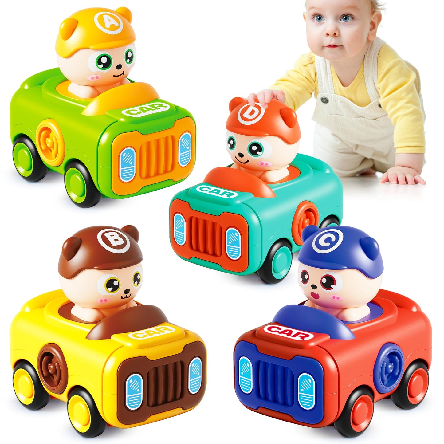 Keamaidy Baby Car Toys - 4-Pack Press to Go Push Cars for Toddlers 12-18 Months
