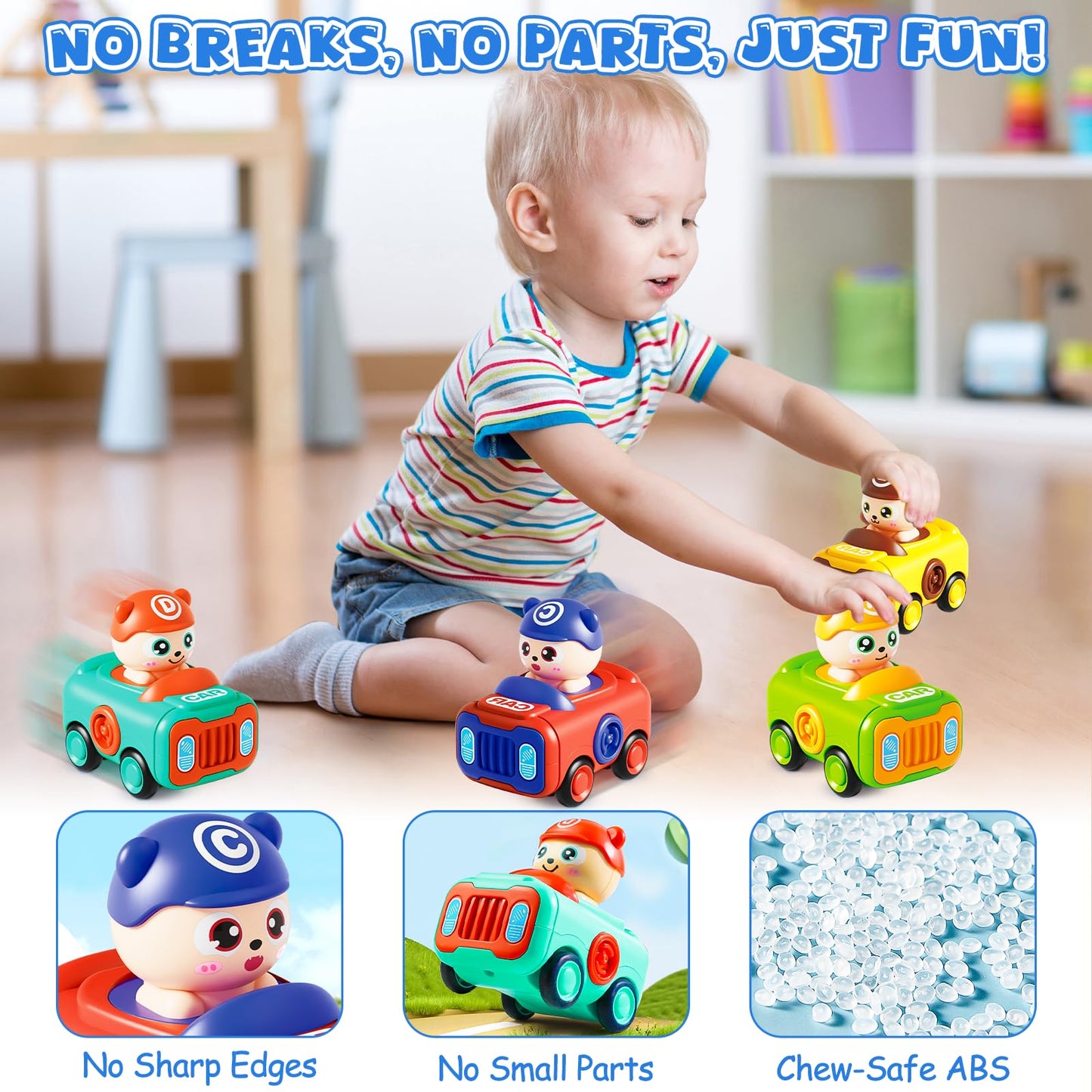Keamaidy Baby Car Toys - 4-Pack Press to Go Push Cars for Toddlers 12-18 Months
