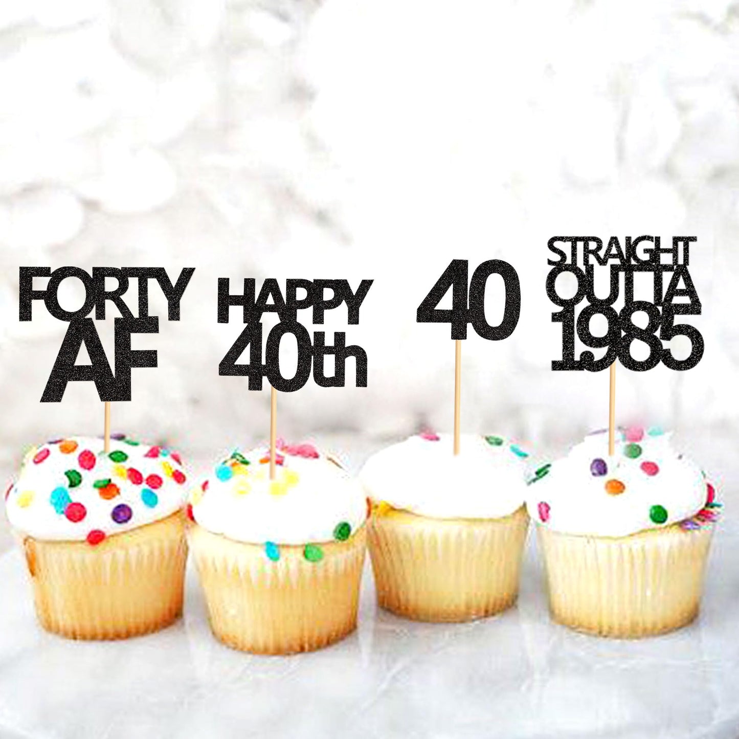 Keaziu 48 Black 40th Birthday Cupcake Toppers - Straight Outta 1985 | Forty AF Party Decor