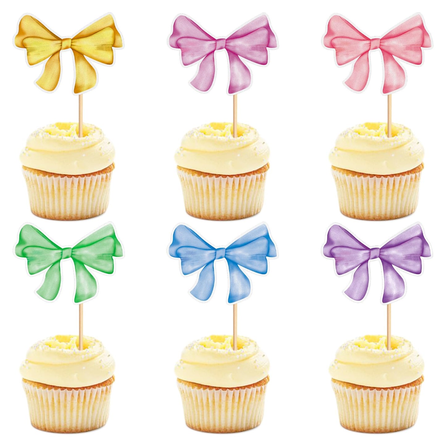 Keaziu 24 Pack Colorful Bows Cupcake Toppers – Watercolor Bowknot Picks for Baby Showers & Birthday Cakes