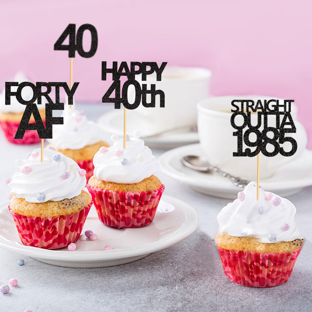 Keaziu 48 Black 40th Birthday Cupcake Toppers - Straight Outta 1985 | Forty AF Party Decor