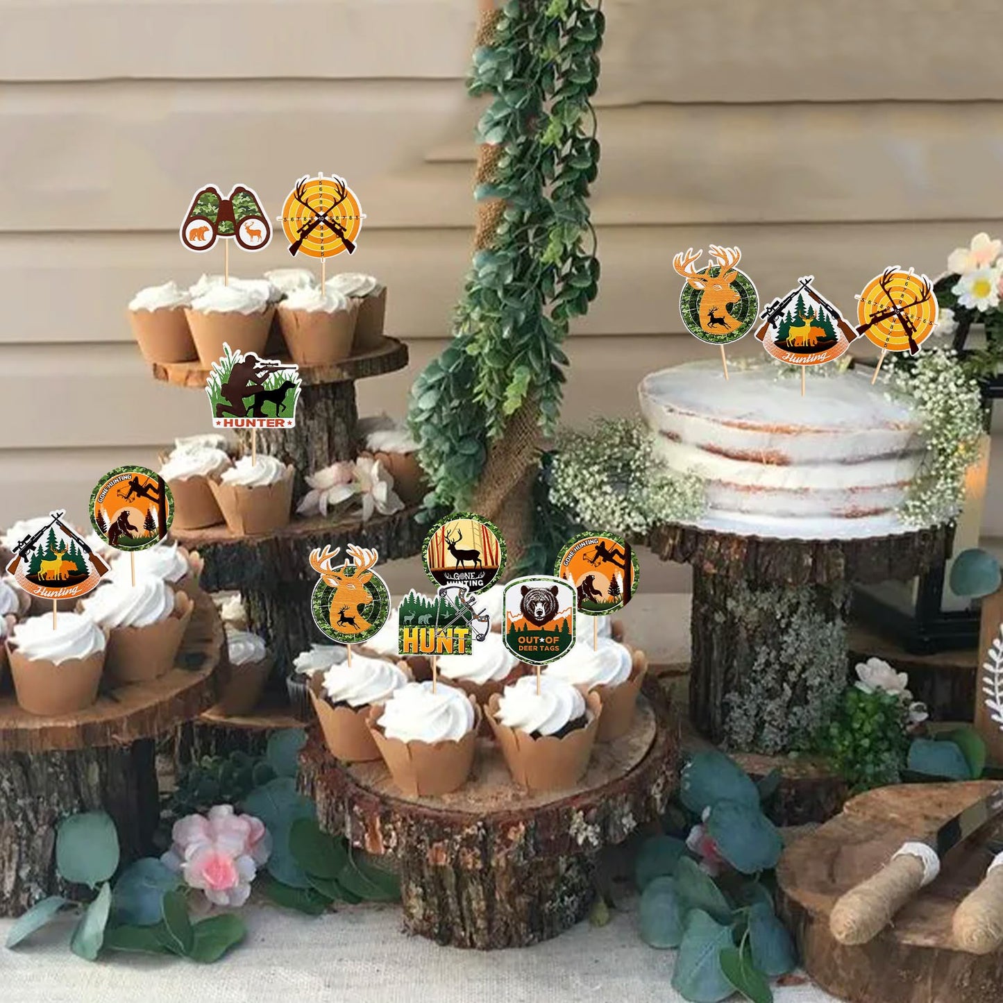Keaziu 36Pcs Hunting Birthday Cupcake Toppers – Deer, Gun, Forest Theme Party Decor