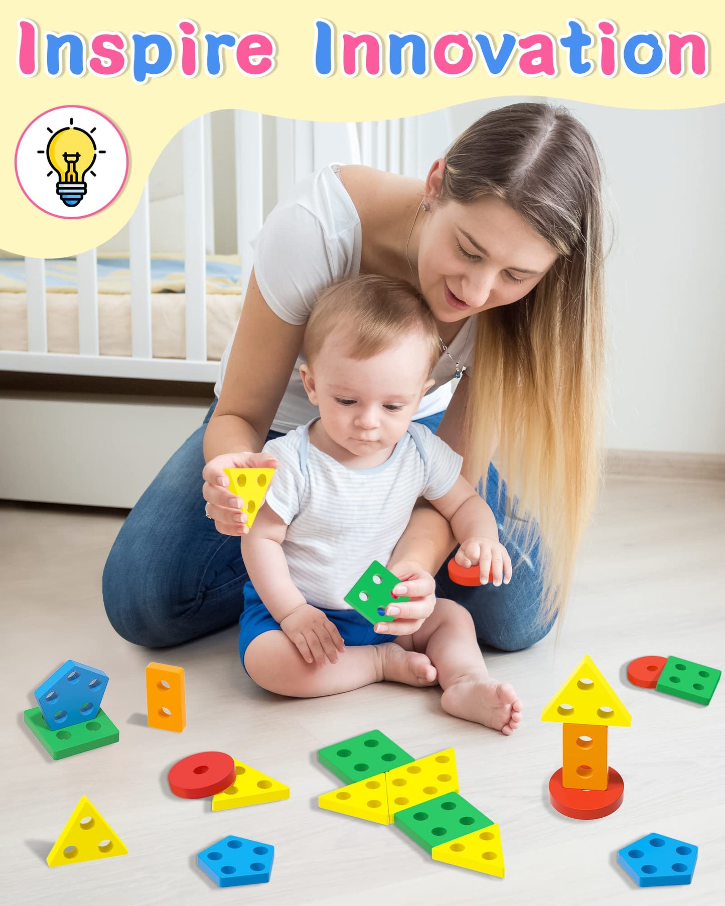 Kecristv Montessori Shape Sorter & Stacking Wooden Toys for Toddlers 1-4