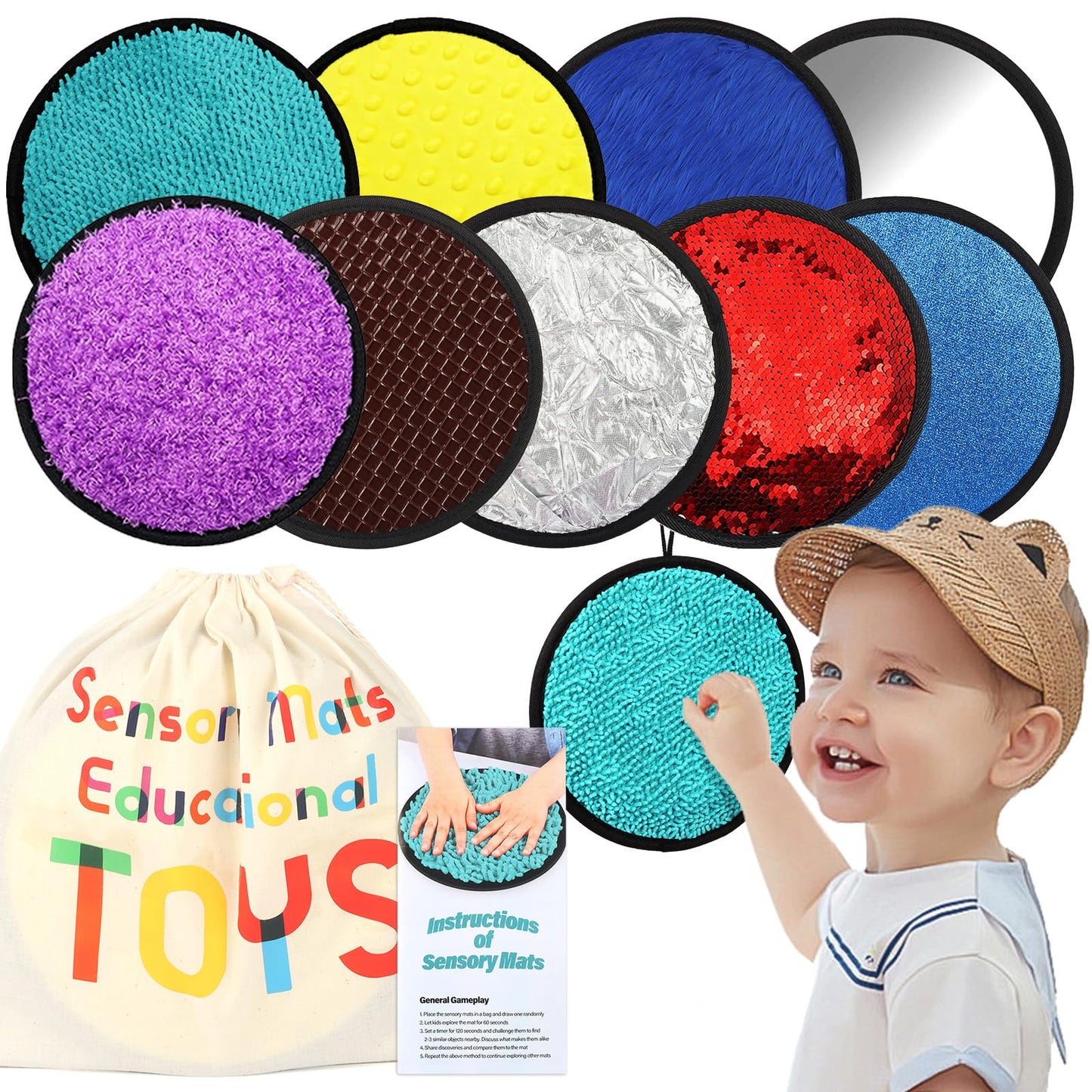 Keculf Upgraded 9 Pcs Sensory Mats with Gift Package – Mixed Textures & Colors for Kids