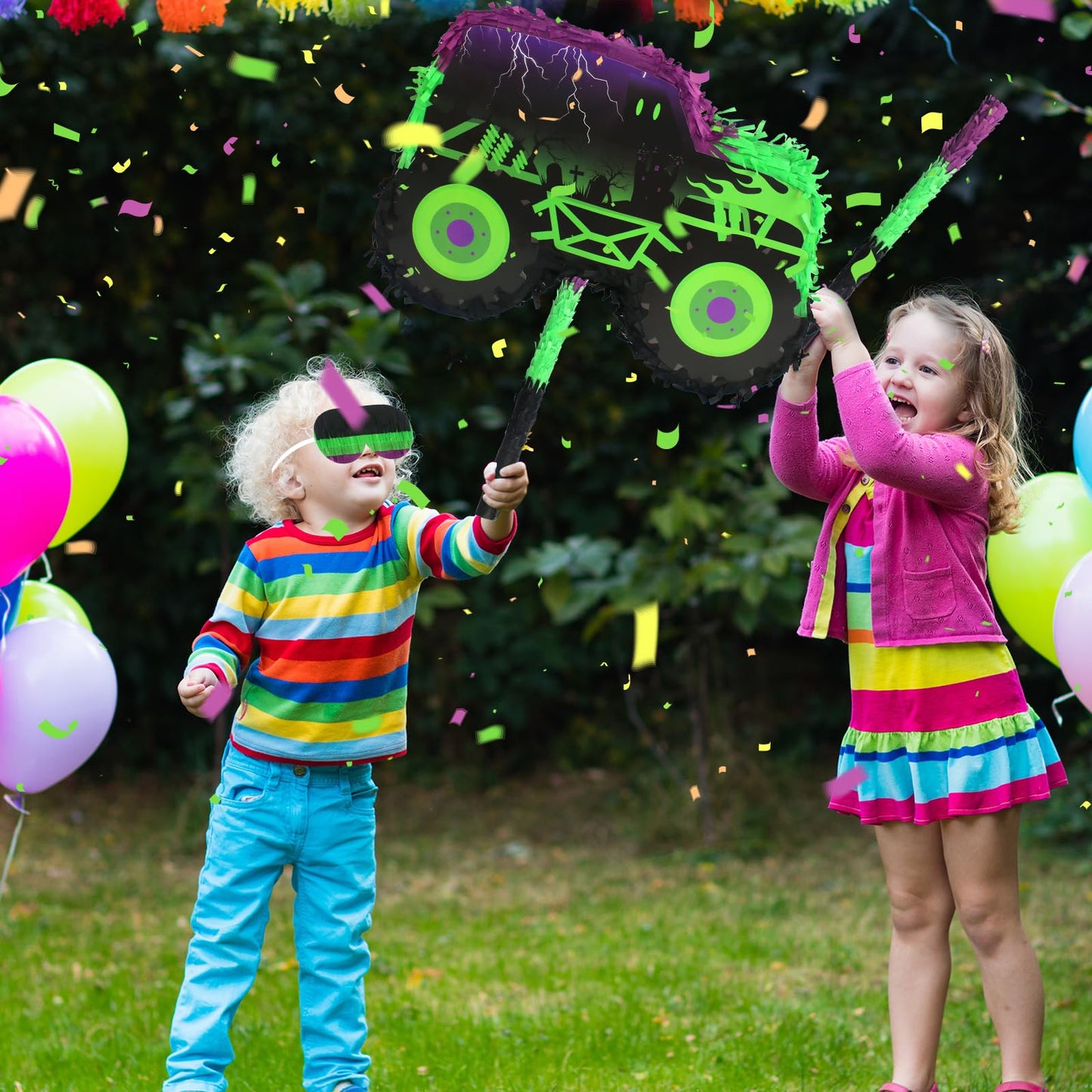 Kedaijin Green & Purple Monster Truck Pinata – Small (15.75x11x2.36 in) with Stick & Blindfold