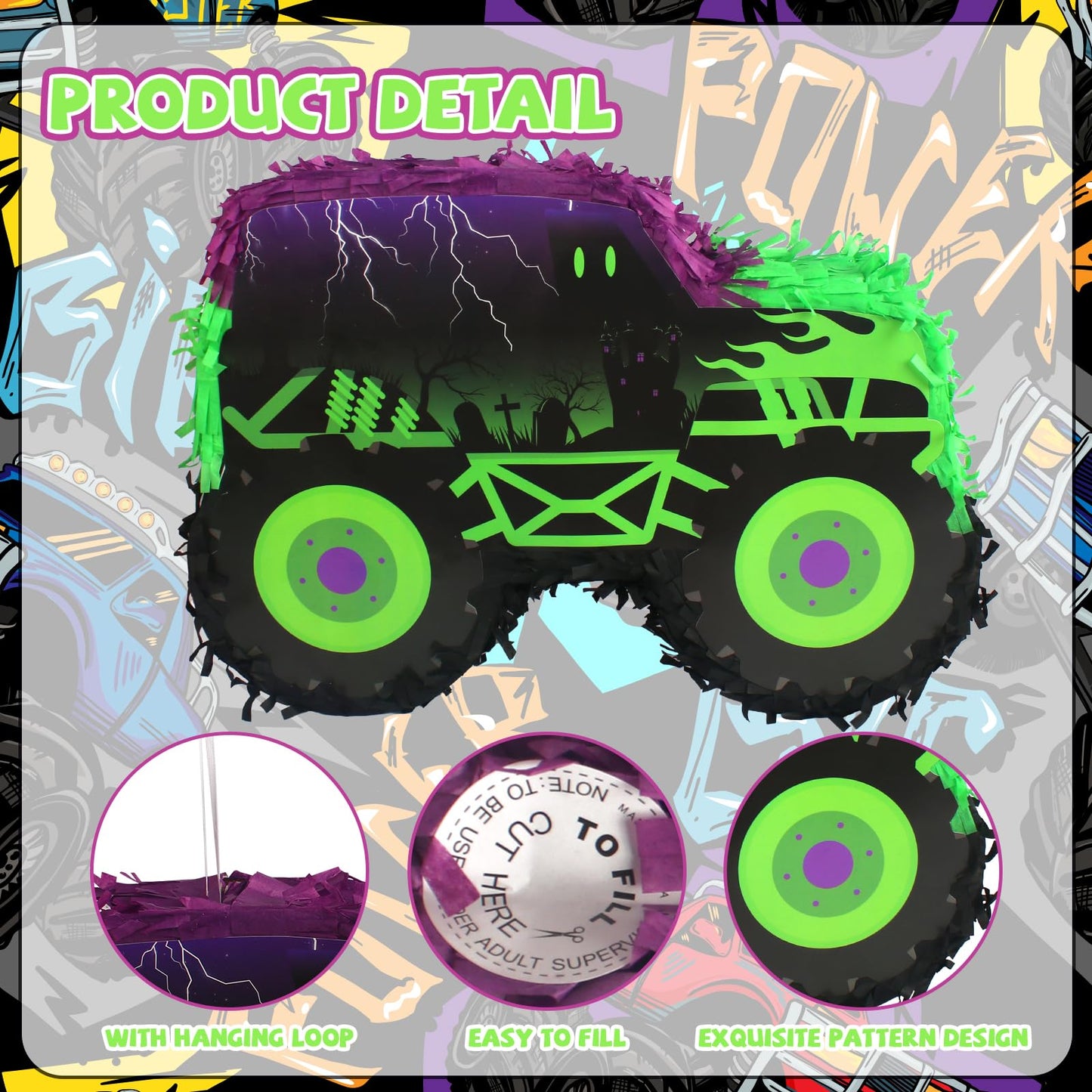 Kedaijin Green & Purple Monster Truck Pinata – Small (15.75x11x2.36 in) with Stick & Blindfold