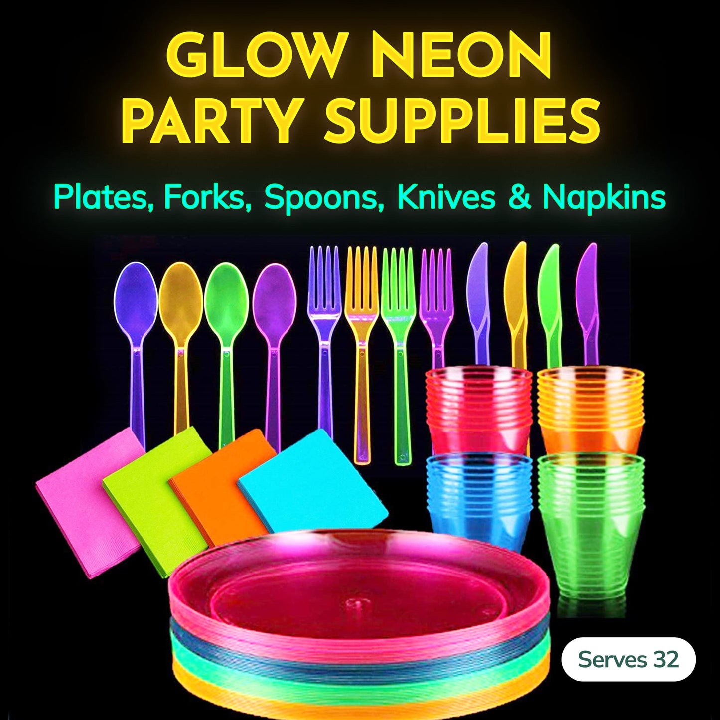 Kedudes Neon Glow Party Supplies — Serves 32, Plates, Cups, Napkins & Utensils