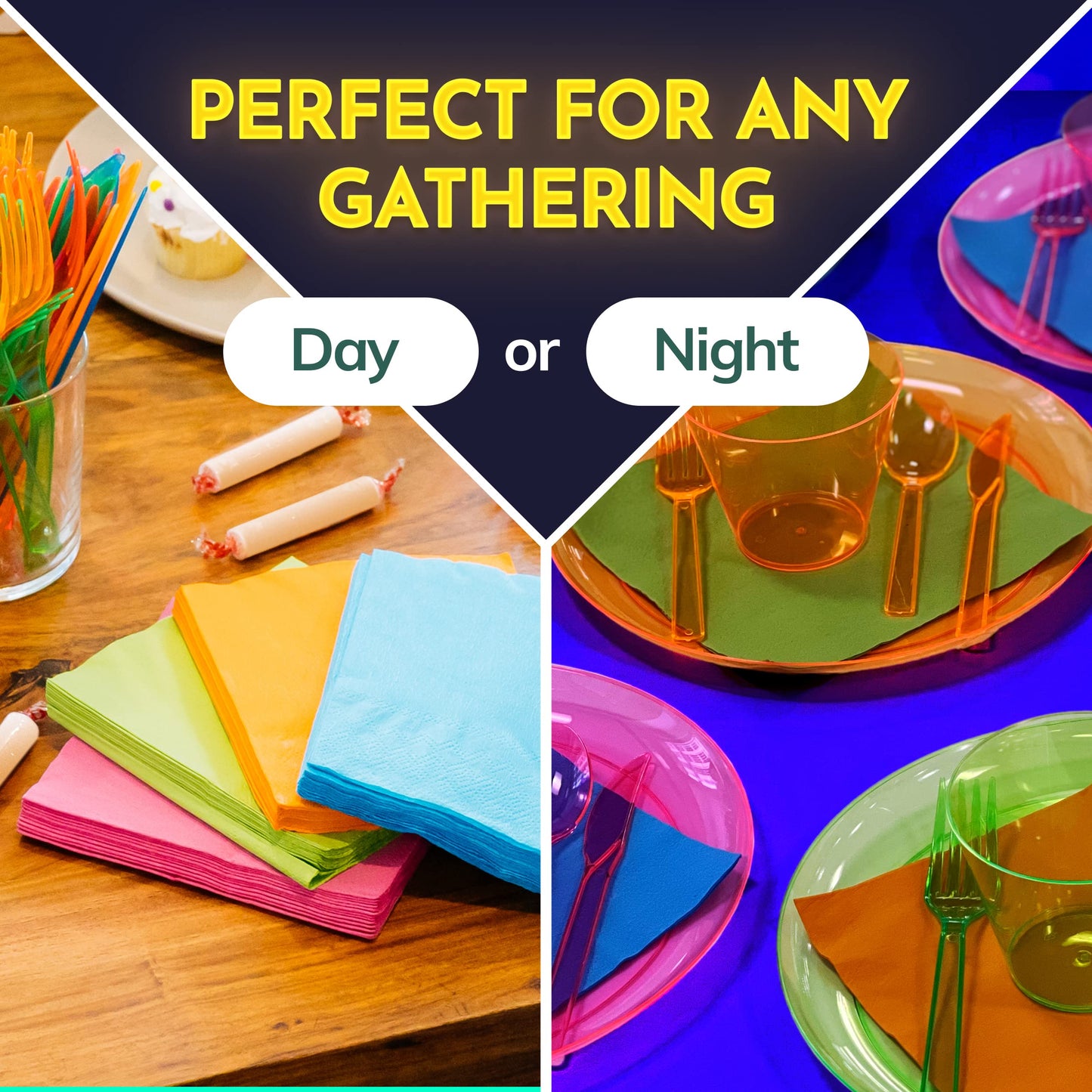 Kedudes Neon Glow Party Supplies — Serves 32, Plates, Cups, Napkins & Utensils