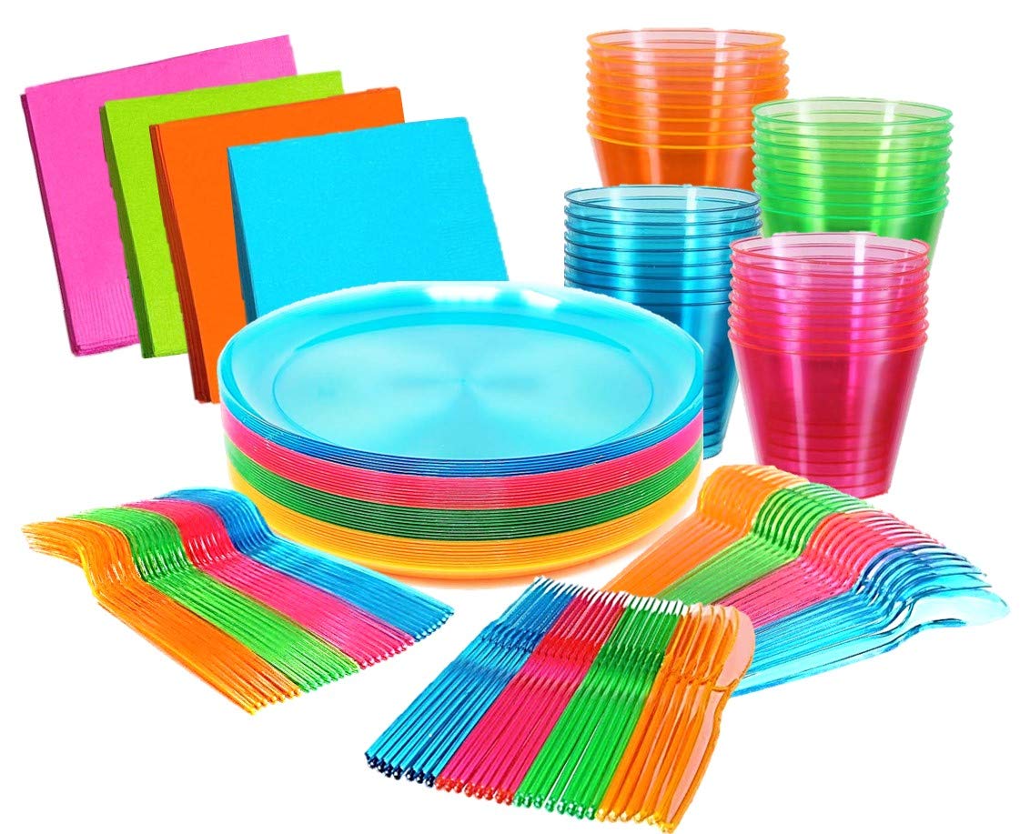 Kedudes Neon Glow Party Supplies — Serves 32, Plates, Cups, Napkins & Utensils