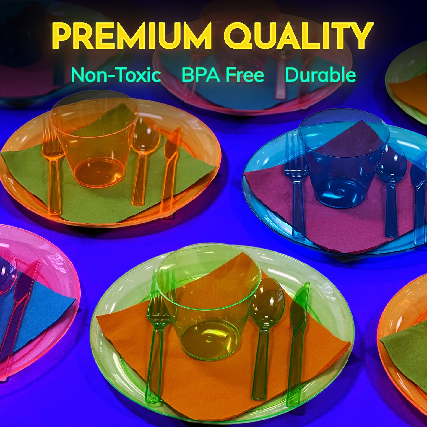 Kedudes Neon Glow Party Supplies — Serves 32, Plates, Cups, Napkins & Utensils