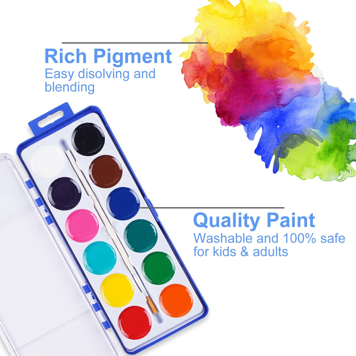 Keebor Watercolor Paint Set for Kids — 12 Colors, 24-Pack, Wood Brush Included