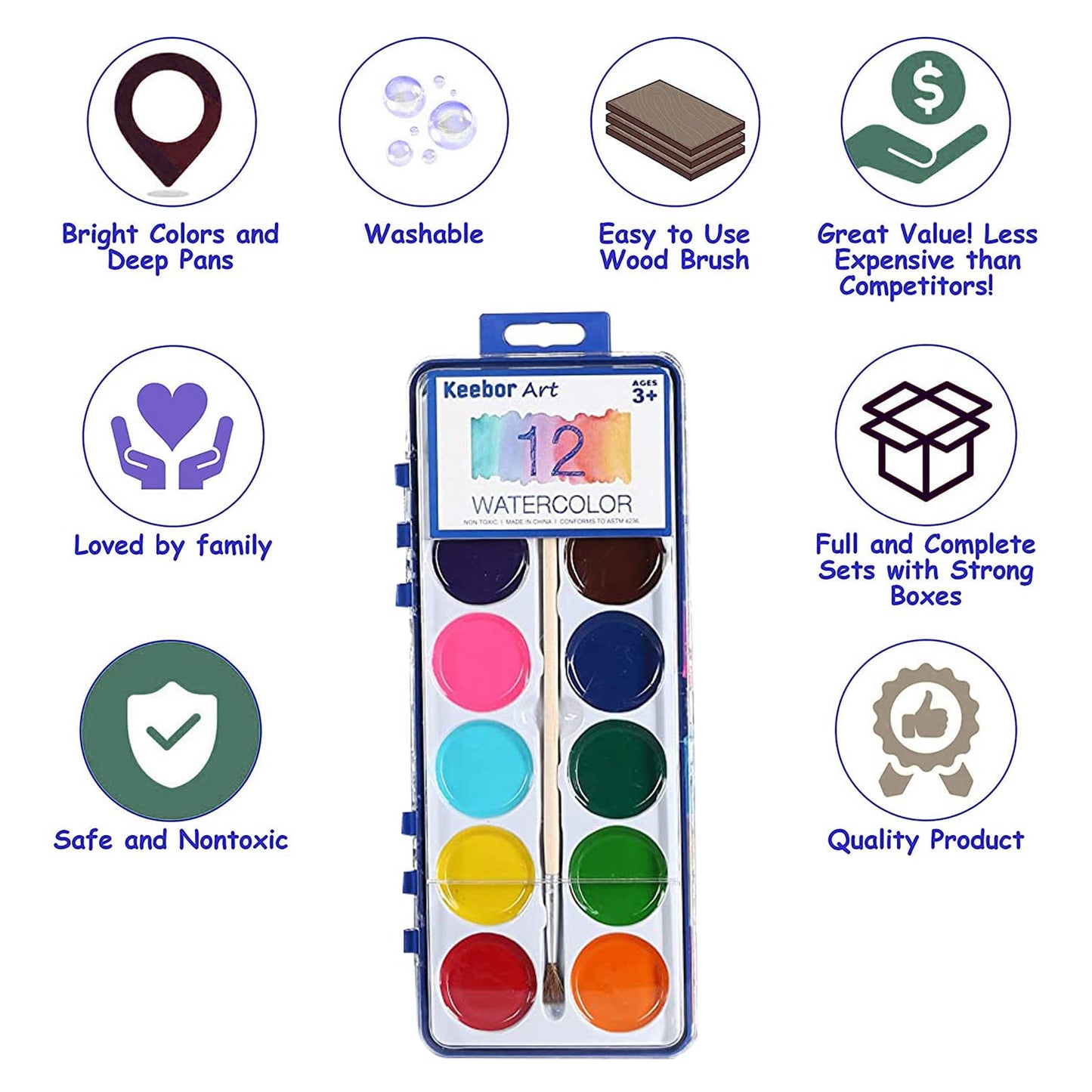 Keebor Watercolor Paint Set for Kids — 12 Colors, 24-Pack, Wood Brush Included