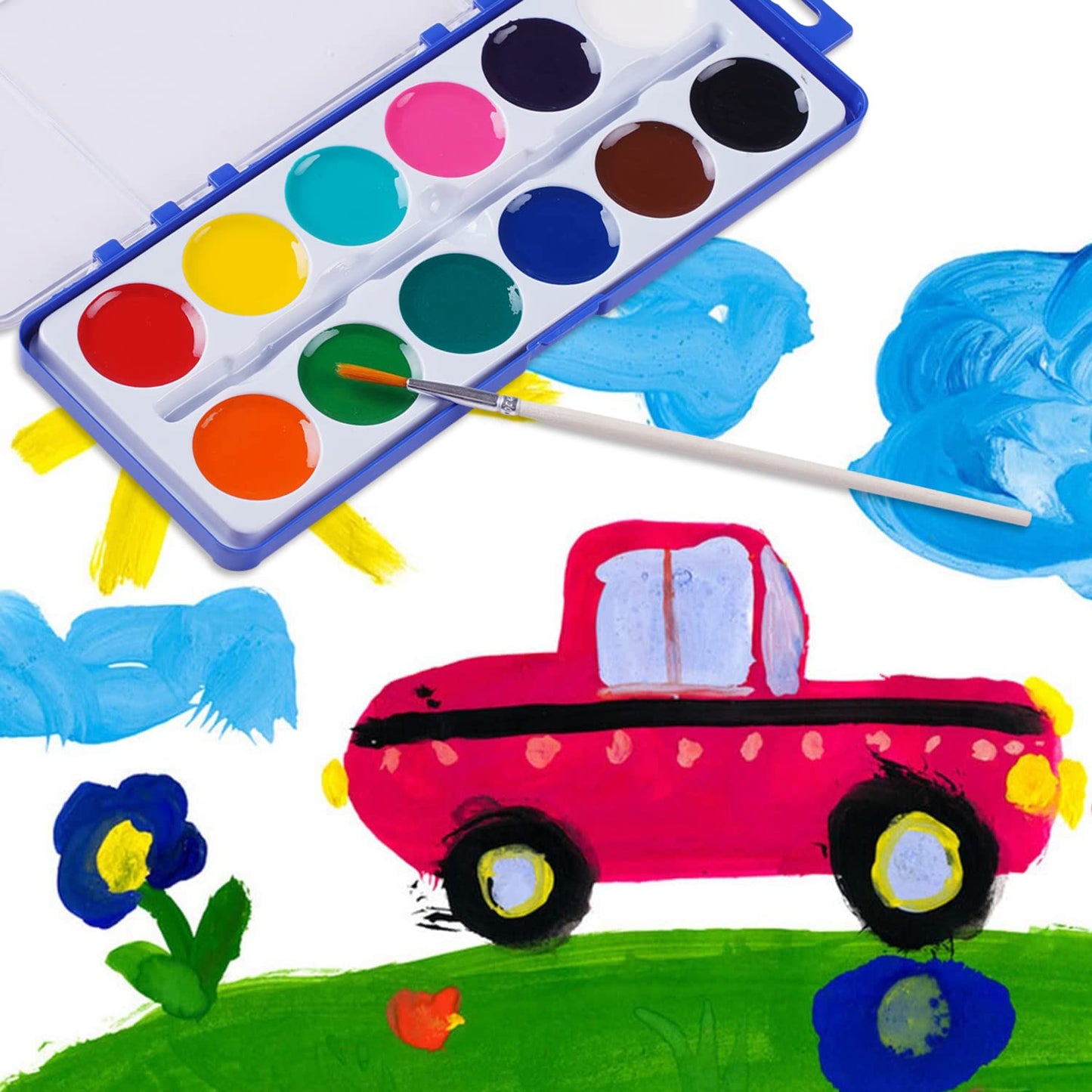 Keebor Watercolor Paint Set for Kids — 12 Colors, 24-Pack, Wood Brush Included