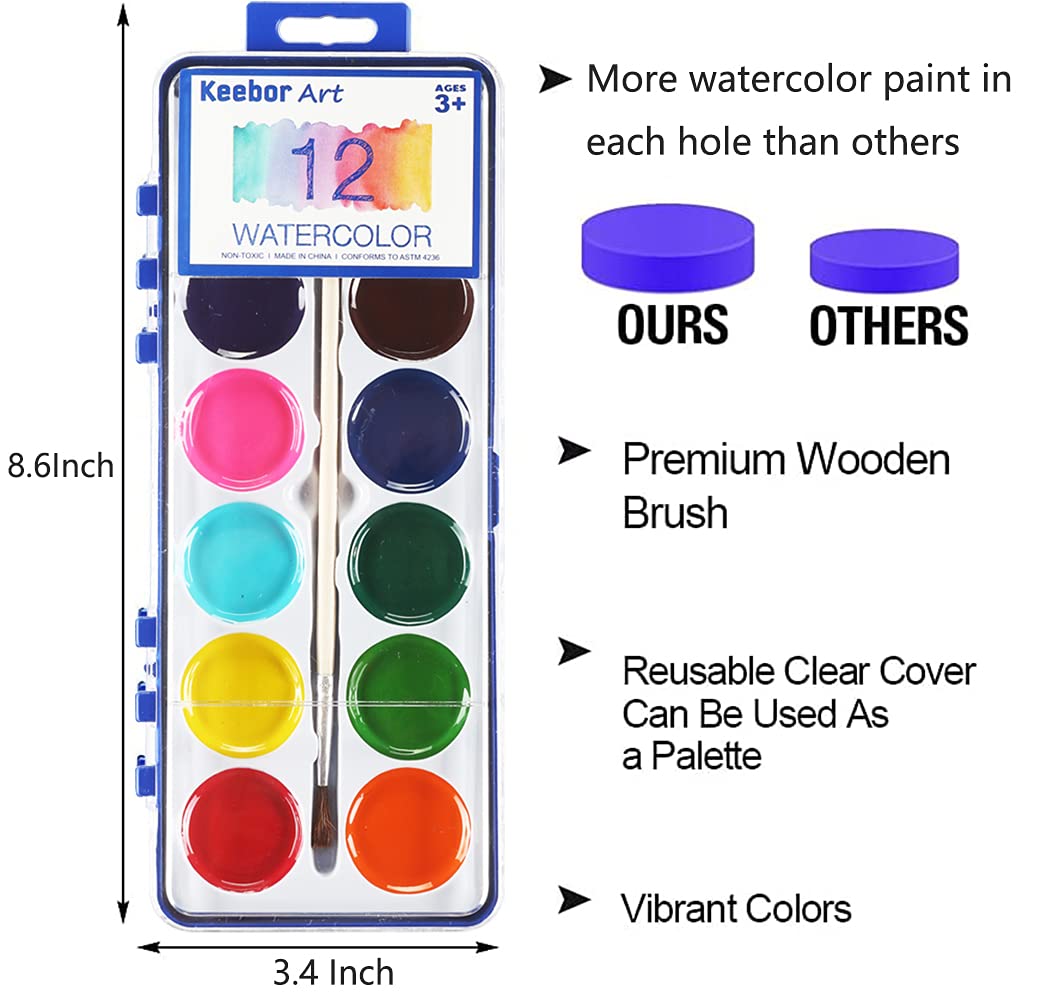 Keebor Watercolor Paint Set for Kids — 12 Colors, 24-Pack, Wood Brush Included