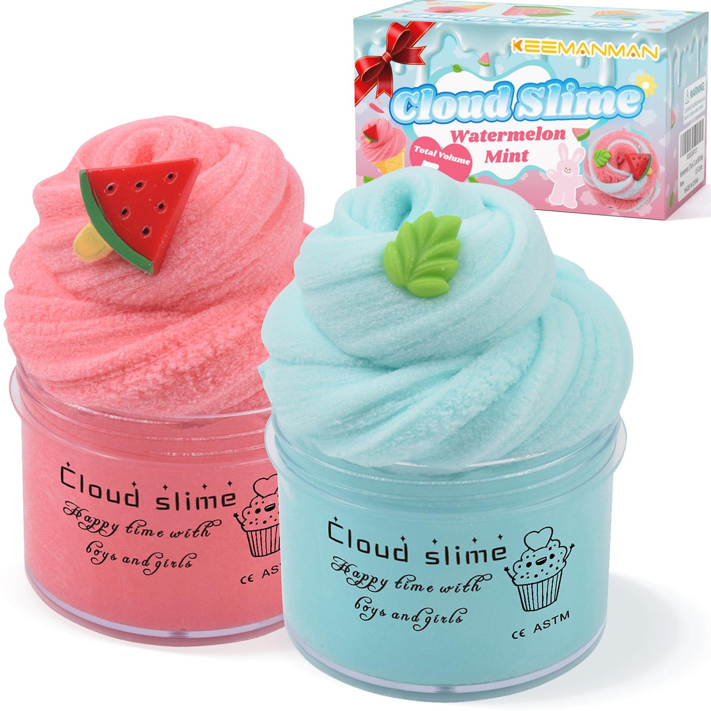 2 Pack Cloud Slime Kit with Red Watermelon & Mint Charms | Keemanman