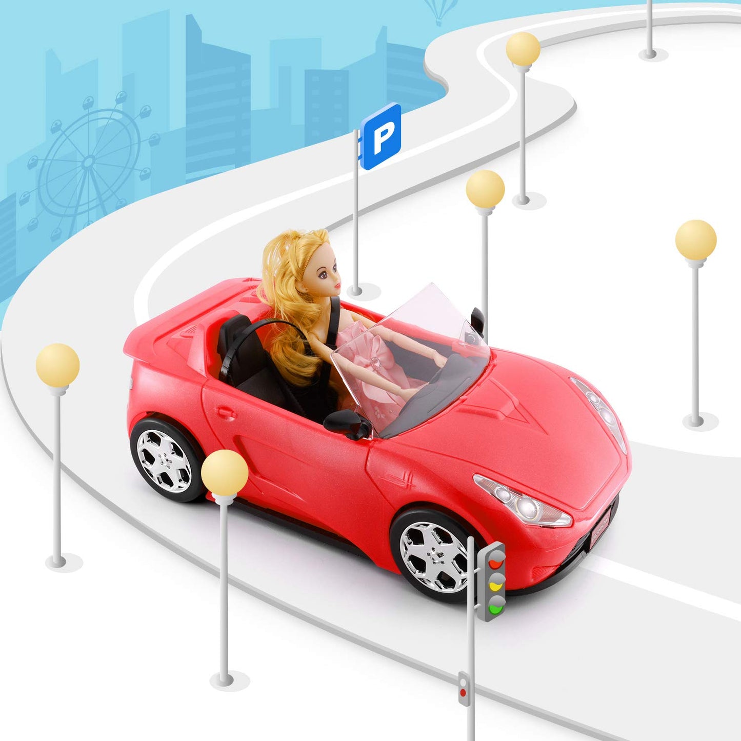 KeepRunning Glittering Deep Red Convertible Doll Car with Working Seat Belts | Ideal Gift