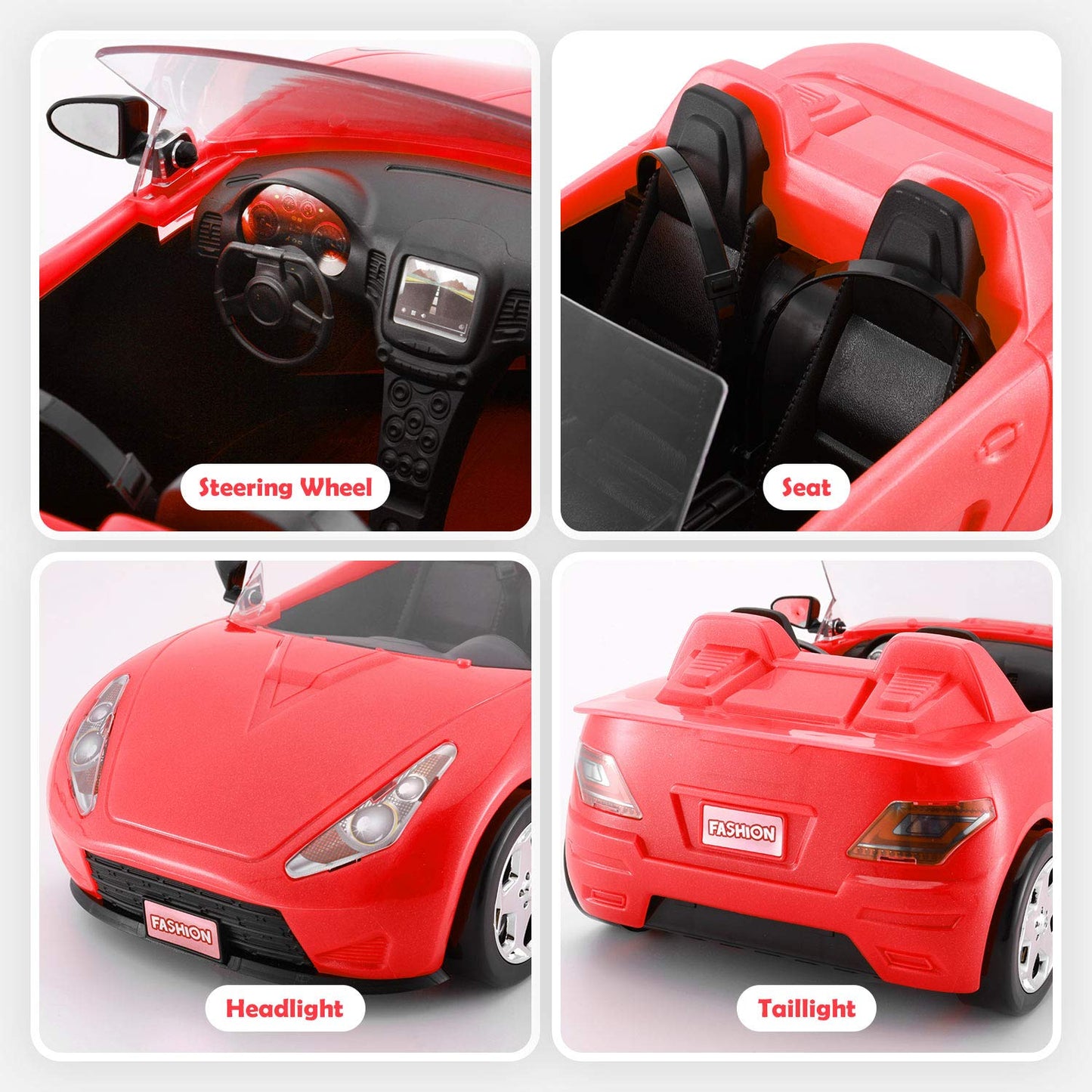 KeepRunning Glittering Deep Red Convertible Doll Car with Working Seat Belts | Ideal Gift