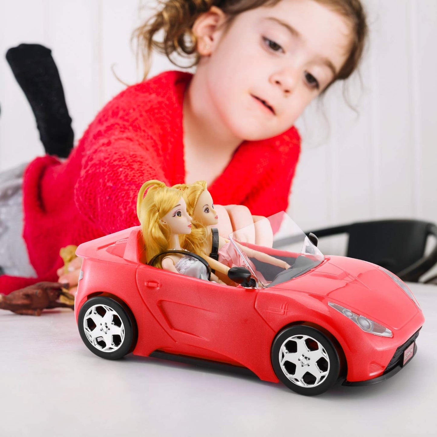KeepRunning Glittering Deep Red Convertible Doll Car with Working Seat Belts | Ideal Gift