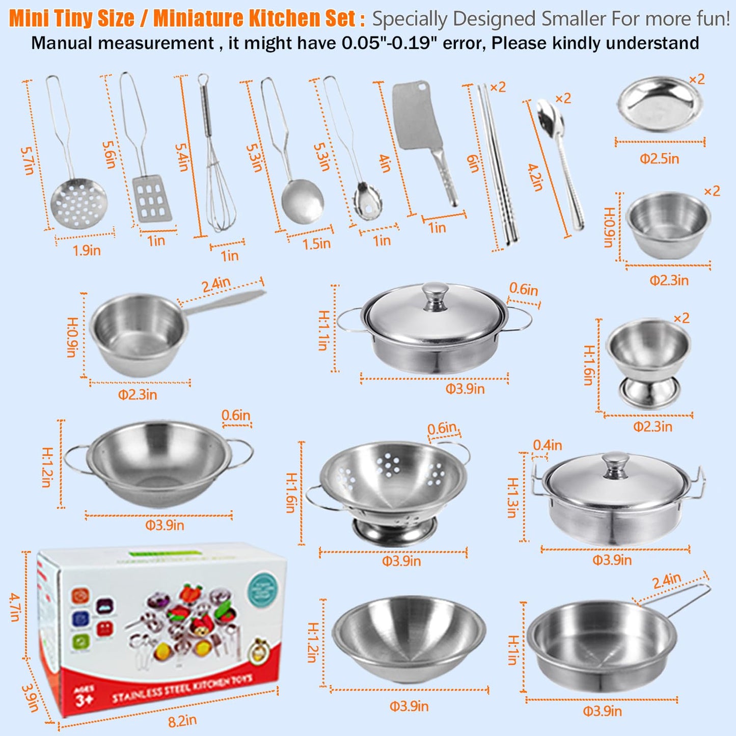 KEJIH Tiny Classic Stainless Steel Kids Cookware Set | Pretend Play Pots & Pans