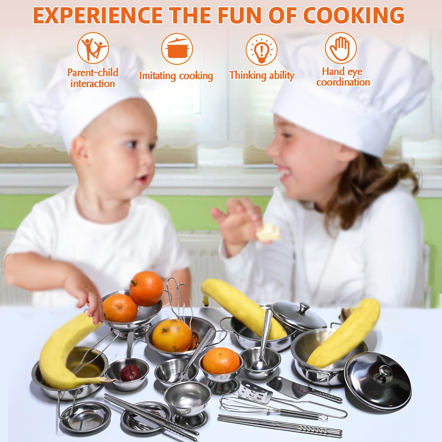 KEJIH Tiny Classic Stainless Steel Kids Cookware Set | Pretend Play Pots & Pans