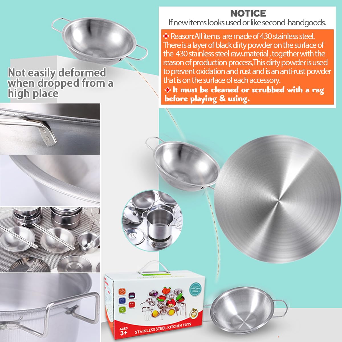 KEJIH Tiny Classic Stainless Steel Kids Cookware Set | Pretend Play Pots & Pans