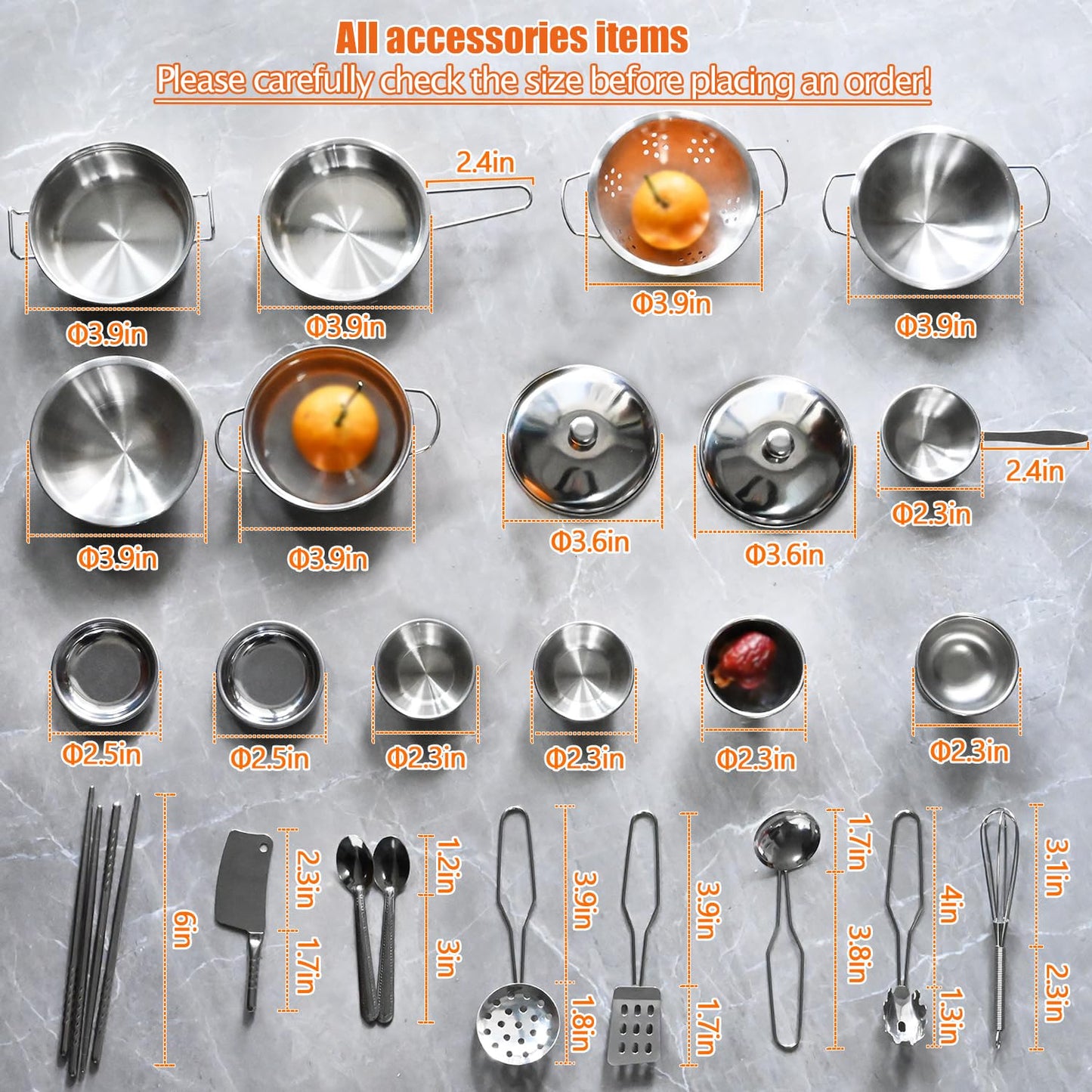KEJIH Tiny Classic Stainless Steel Kids Cookware Set | Pretend Play Pots & Pans