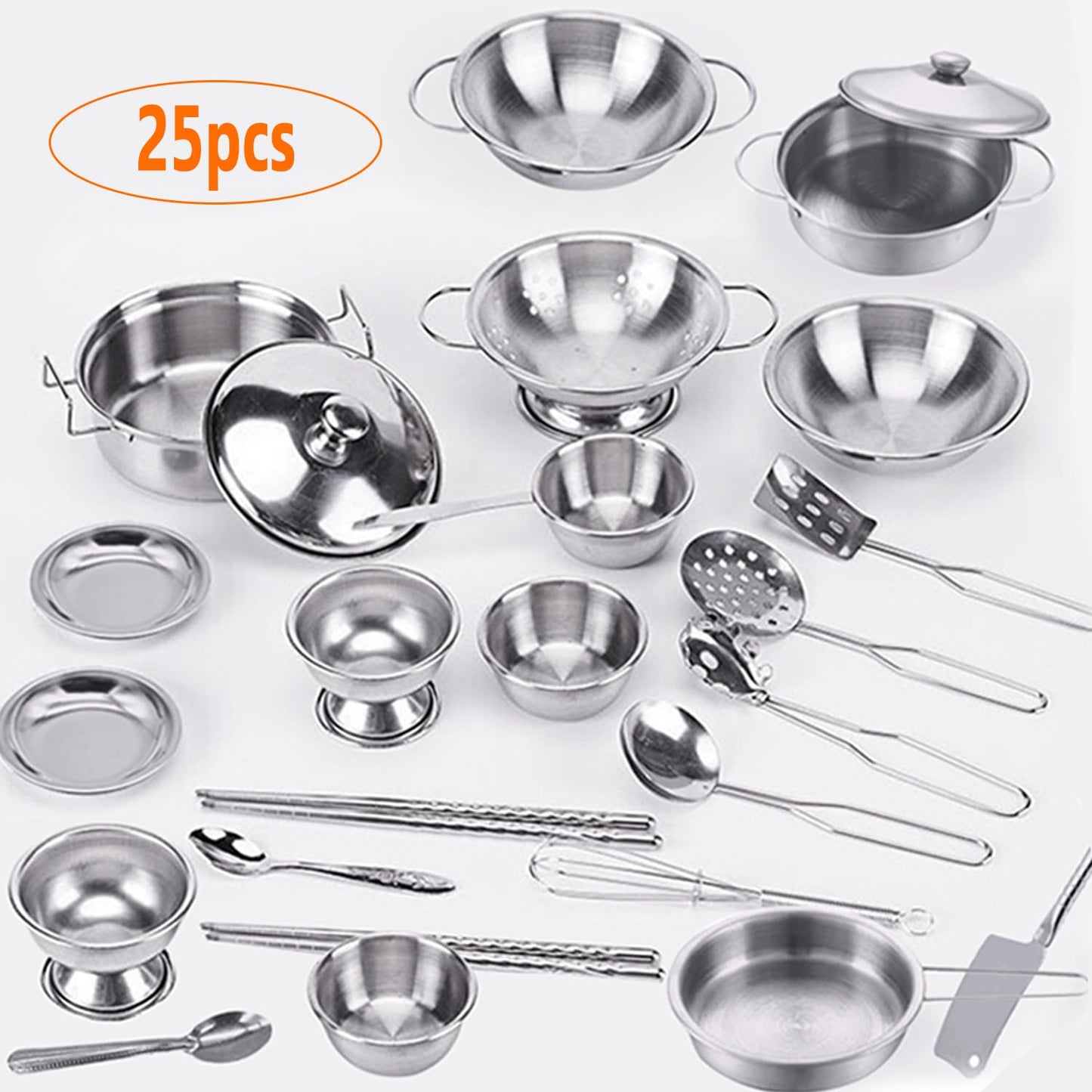 KEJIH Tiny Classic Stainless Steel Kids Cookware Set | Pretend Play Pots & Pans