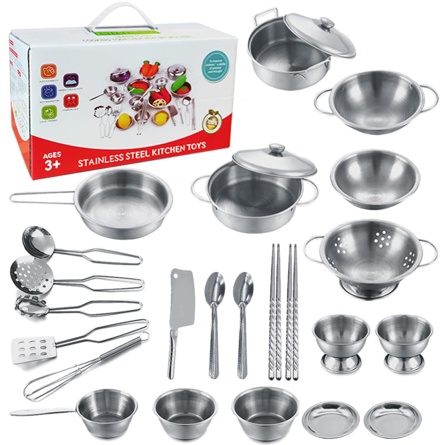 KEJIH Tiny Classic Stainless Steel Kids Cookware Set | Pretend Play Pots & Pans