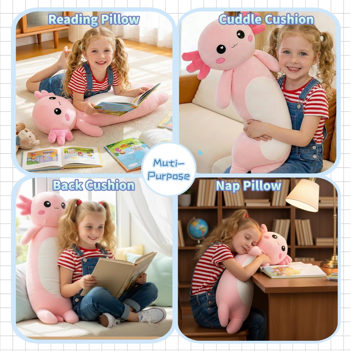 Kekeso Long Axolotl Plush Pillow - 80cm Pink Salamander Plush Toy