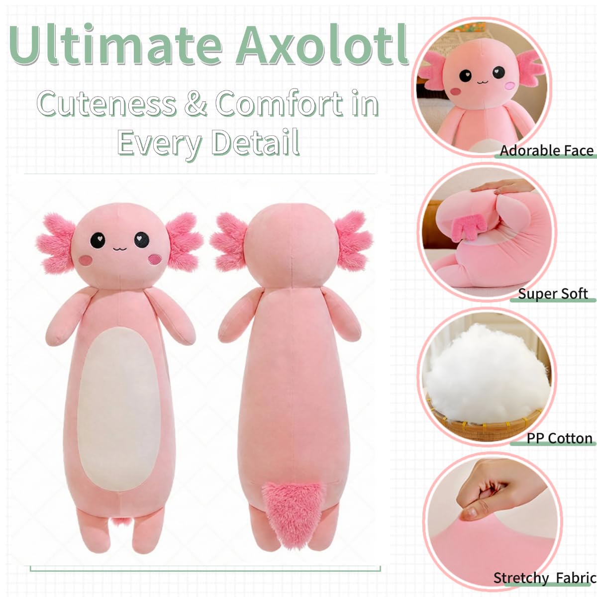 Kekeso Long Axolotl Plush Pillow - 80cm Pink Salamander Plush Toy