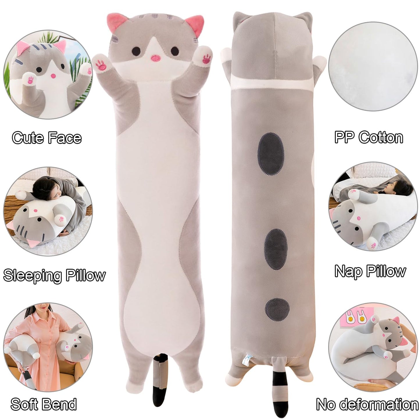 Kekeso Giant Cat Pillow – 110cm Plush Body Pillow in Gray