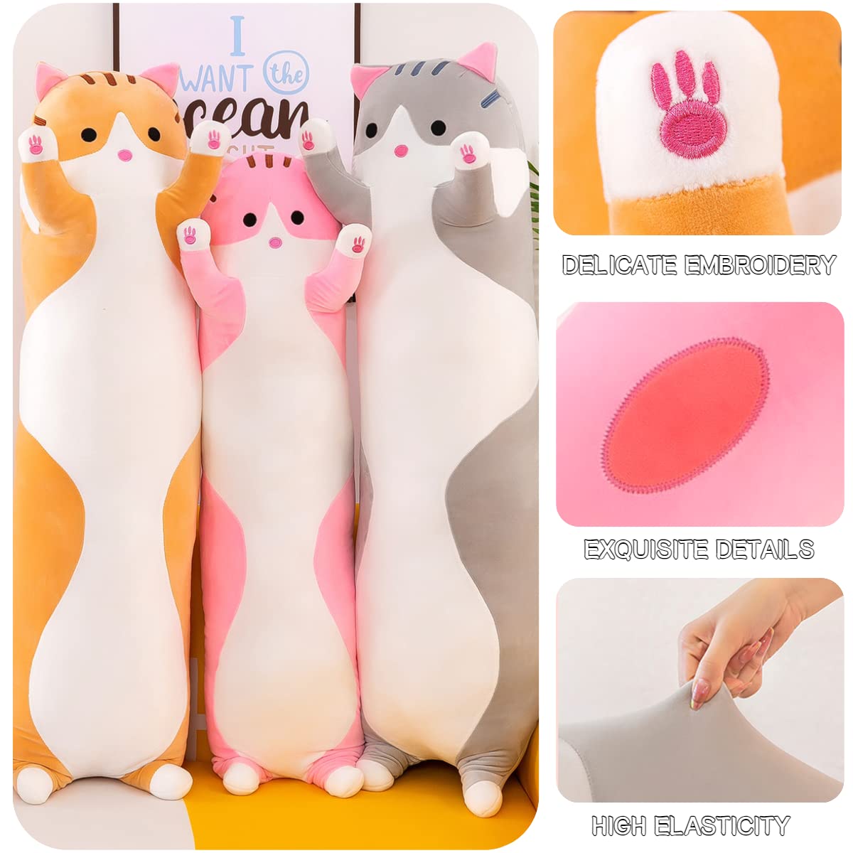 Kekeso Giant Cat Pillow – 110cm Plush Body Pillow in Gray