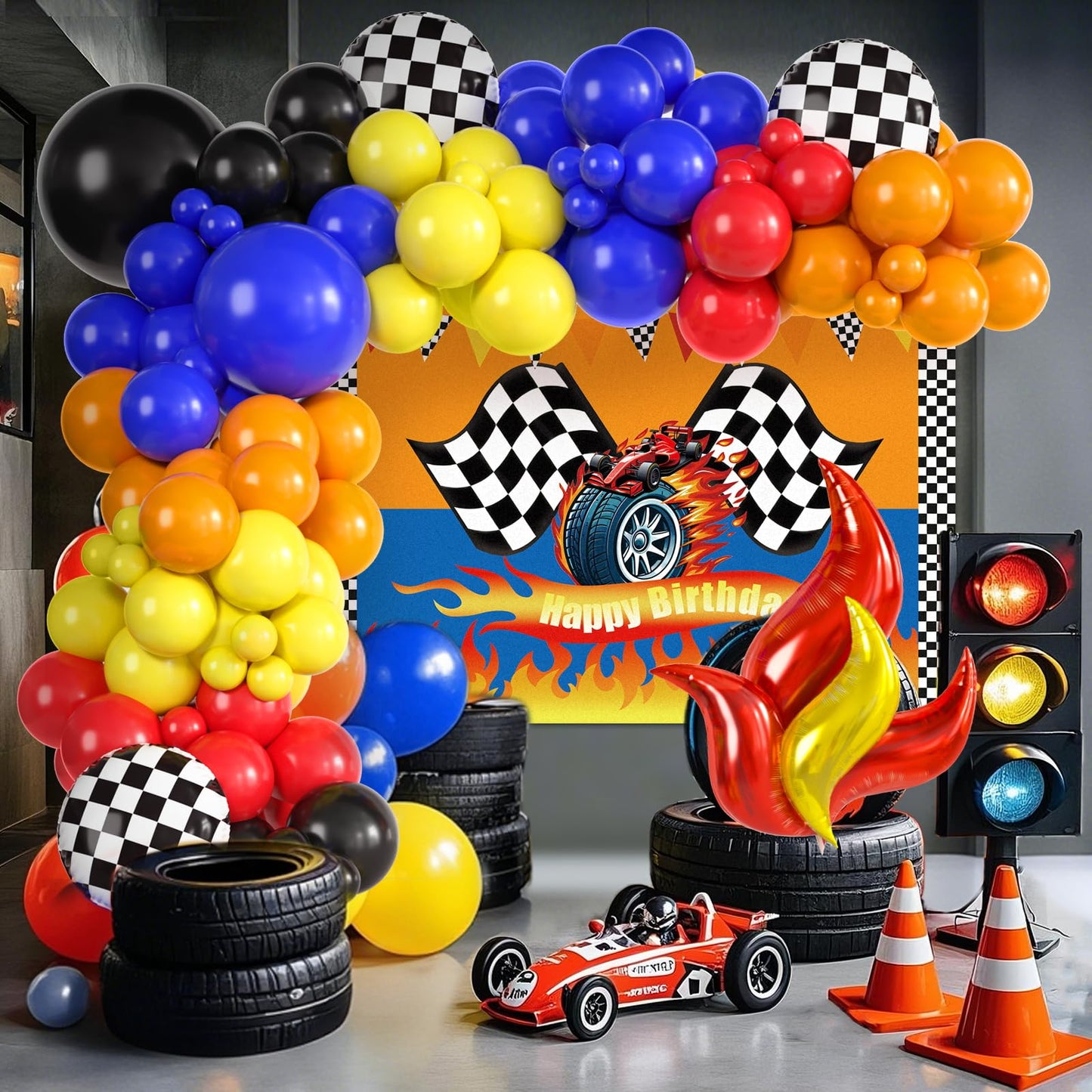 KELENO 131 Wheels Race Car Party Decorations Kit | Balloons, Backdrop & Racetrack Tablecloth