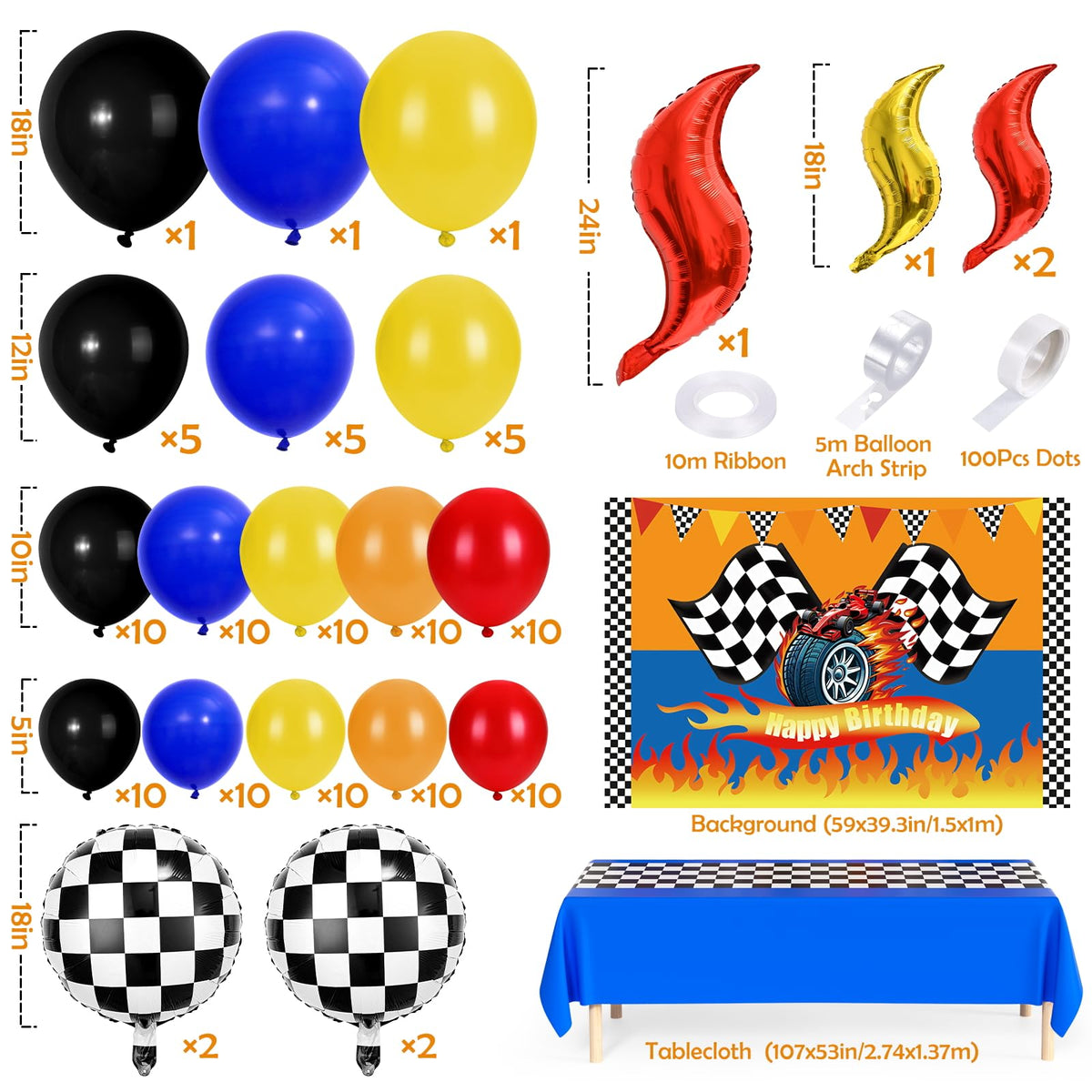 KELENO 131 Wheels Race Car Party Decorations Kit | Balloons, Backdrop & Racetrack Tablecloth