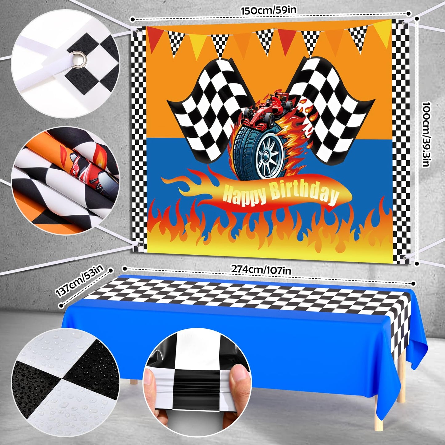 KELENO 131 Wheels Race Car Party Decorations Kit | Balloons, Backdrop & Racetrack Tablecloth