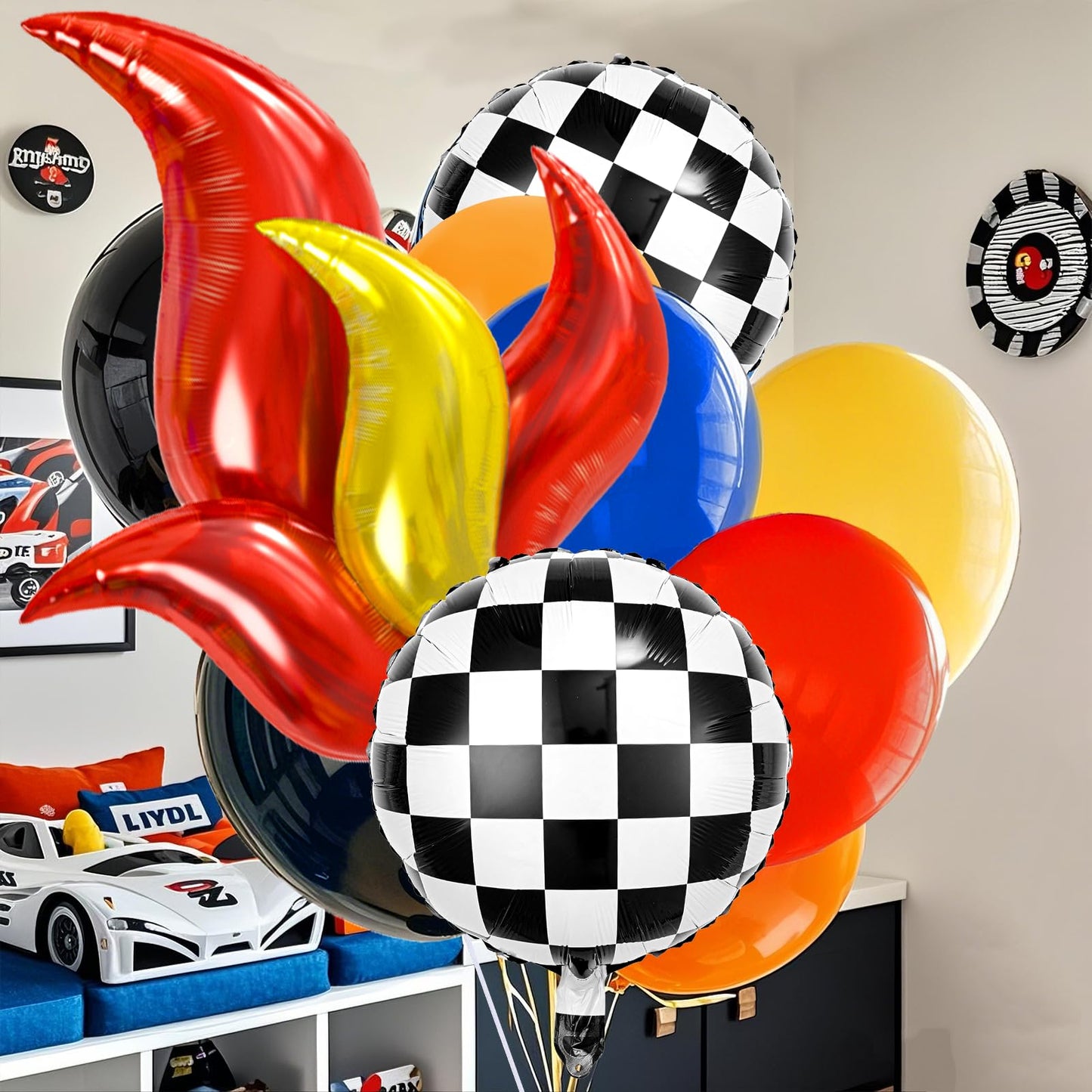 KELENO 131 Wheels Race Car Party Decorations Kit | Balloons, Backdrop & Racetrack Tablecloth