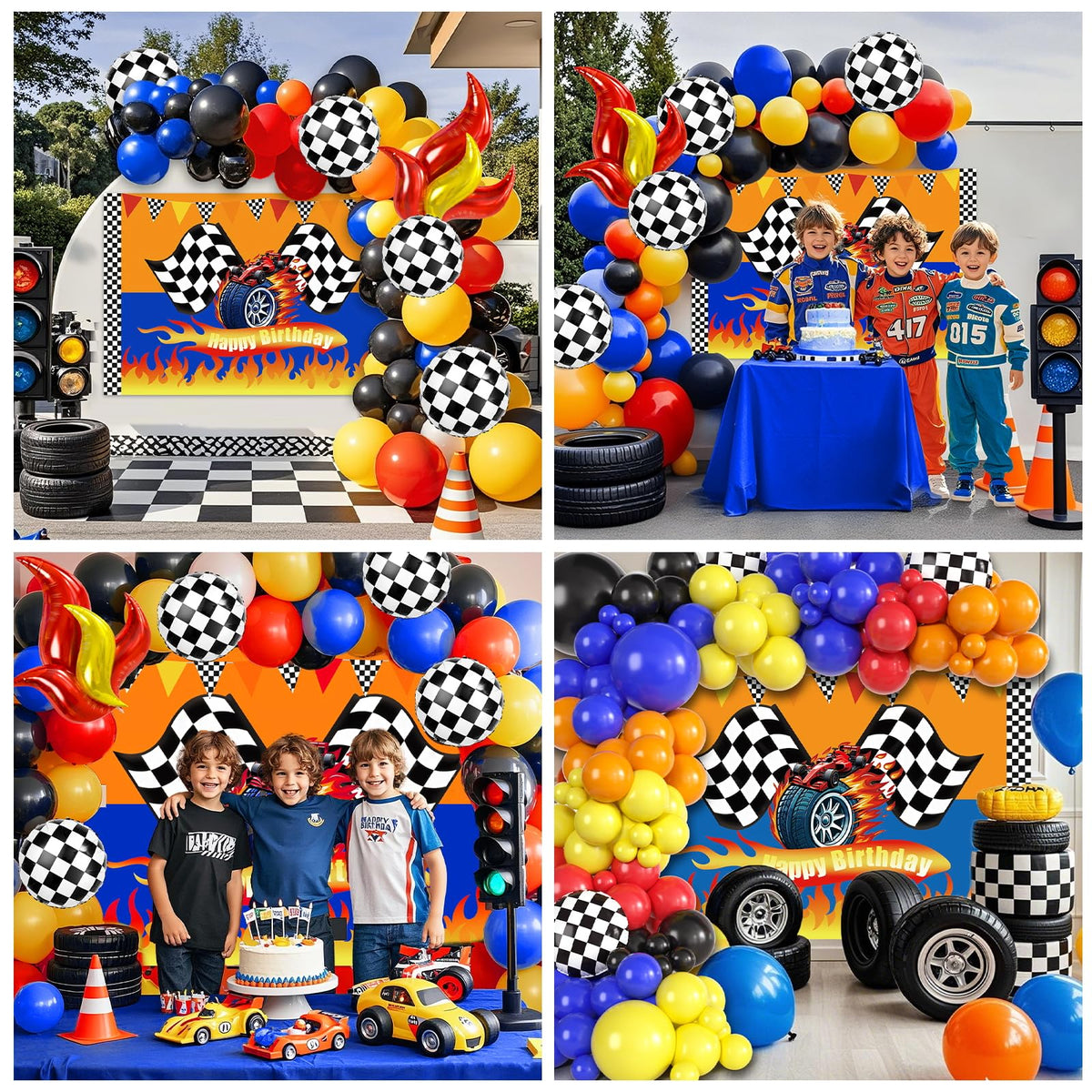 KELENO 131 Wheels Race Car Party Decorations Kit | Balloons, Backdrop & Racetrack Tablecloth