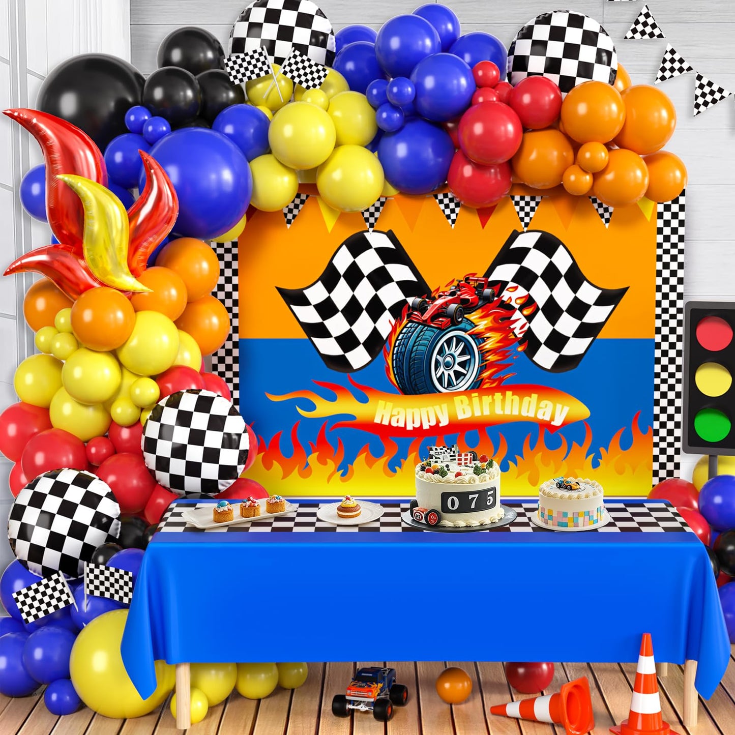 KELENO 131 Wheels Race Car Party Decorations Kit | Balloons, Backdrop & Racetrack Tablecloth