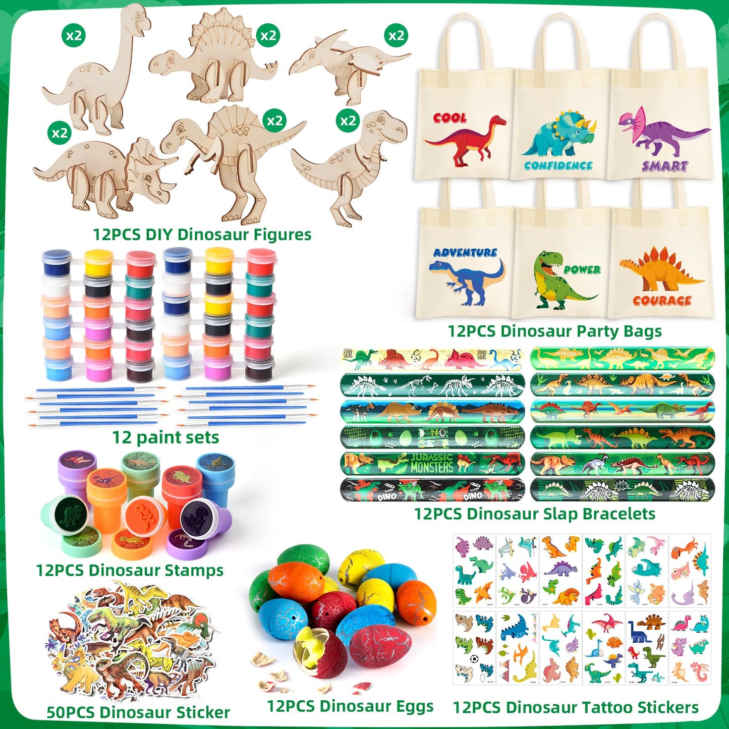 KELENO 146pcs Dinosaur Party Favors – Non-Woven Bags, Craft Kit & Dino Party Supplies