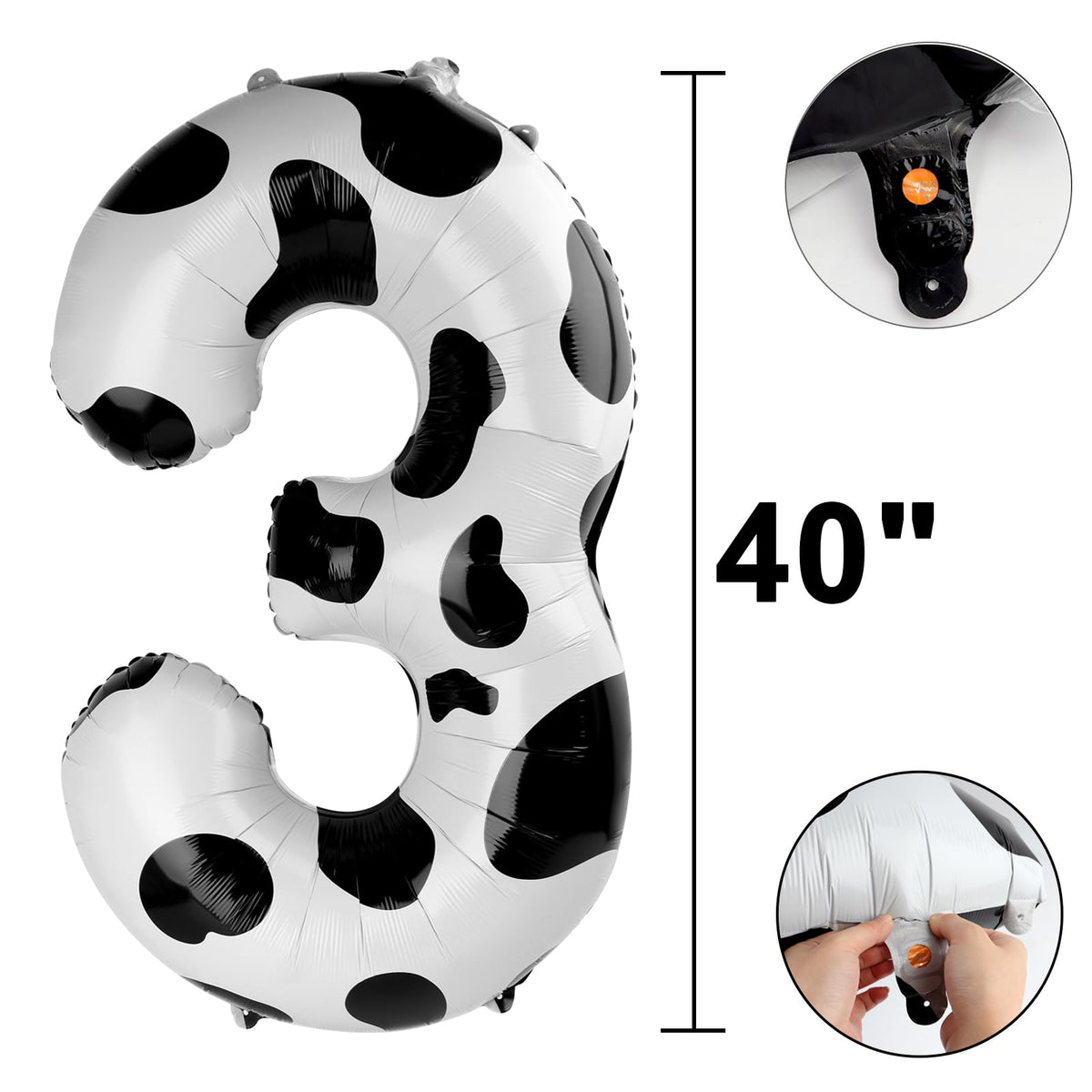 Kelfuoya 40-Inch Cow Print Number 3 Balloon | Giant Foil Mylar for 13th Birthday & Anniversary