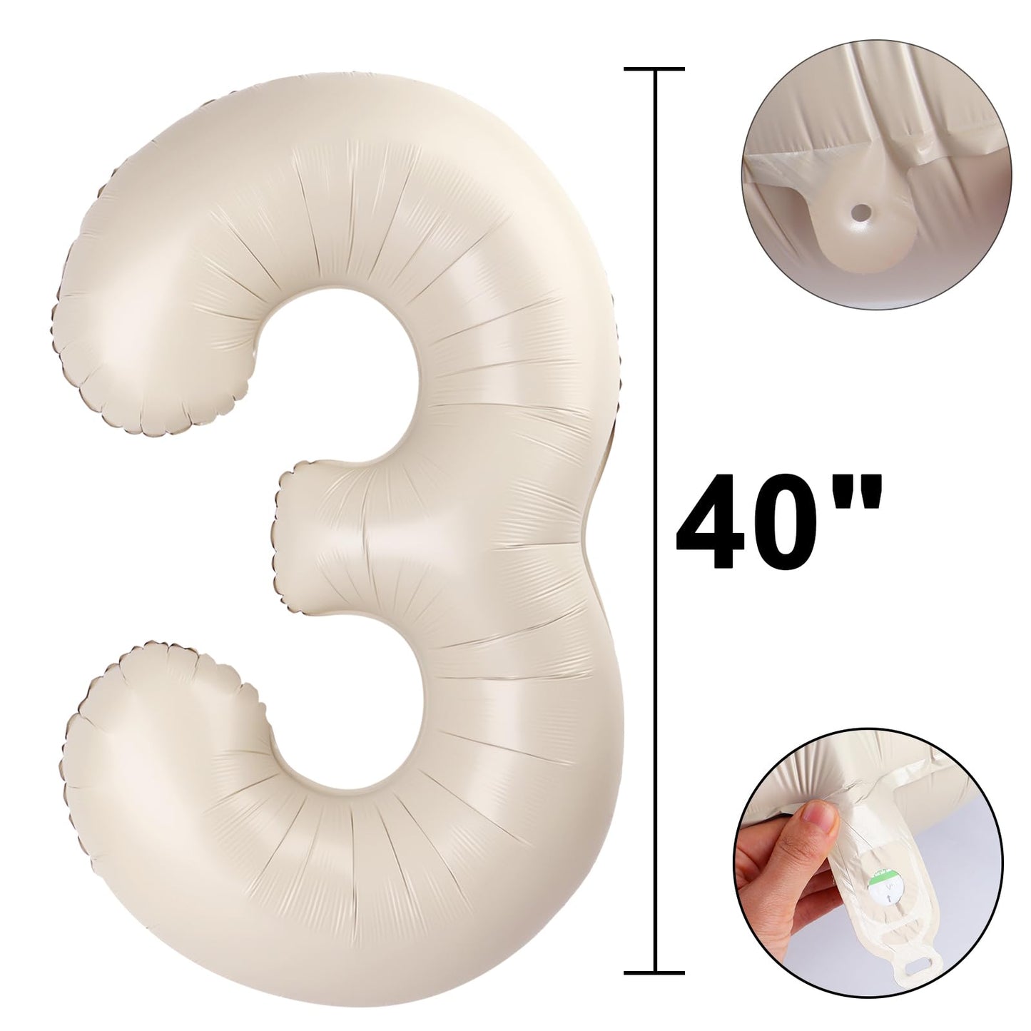 Kelfuoya 40-Inch Milk White Number 3 Foil Balloon for Parties