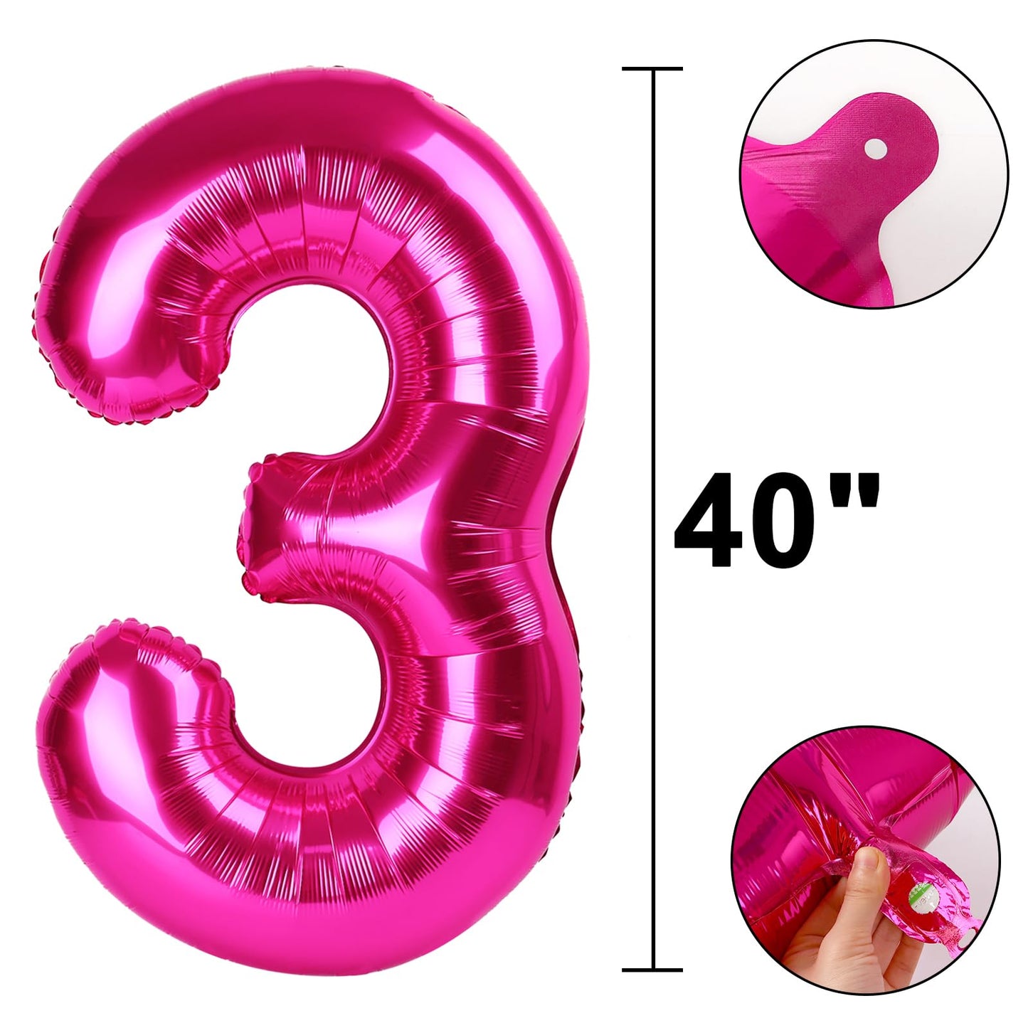 Kelfuoya Rose Red Number 3 40-Inch Mylar Balloon – Hot Pink Foil Birthday Party Decor